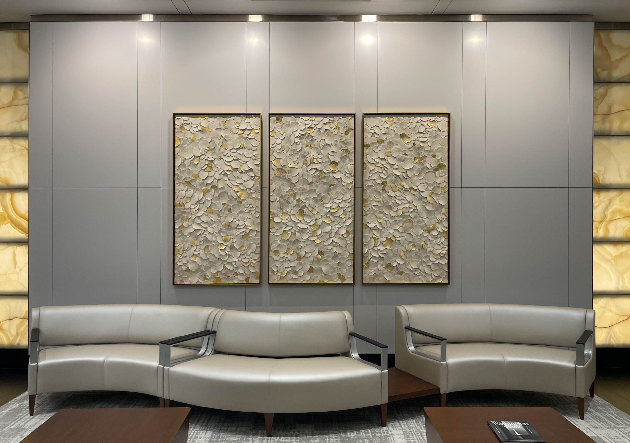 Japanese paper clay on panel with gold leaf | 72"H x 36"W each | for Whitaker Consulting, Chevy Chase MD Office Space