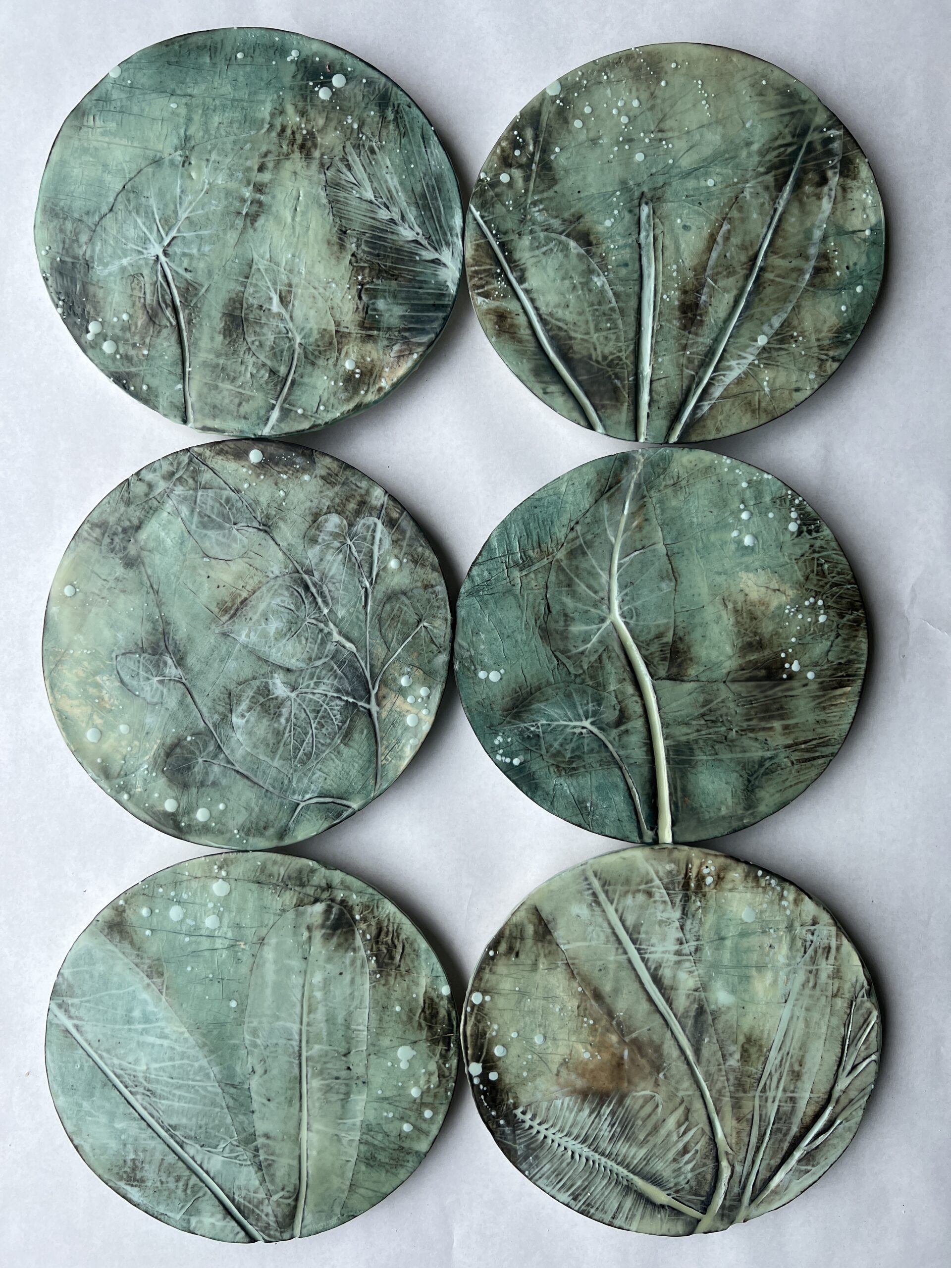dimensional wall art, botanical inlaid clay disks with watercolor and encaustic wax finish, 10 in dia each