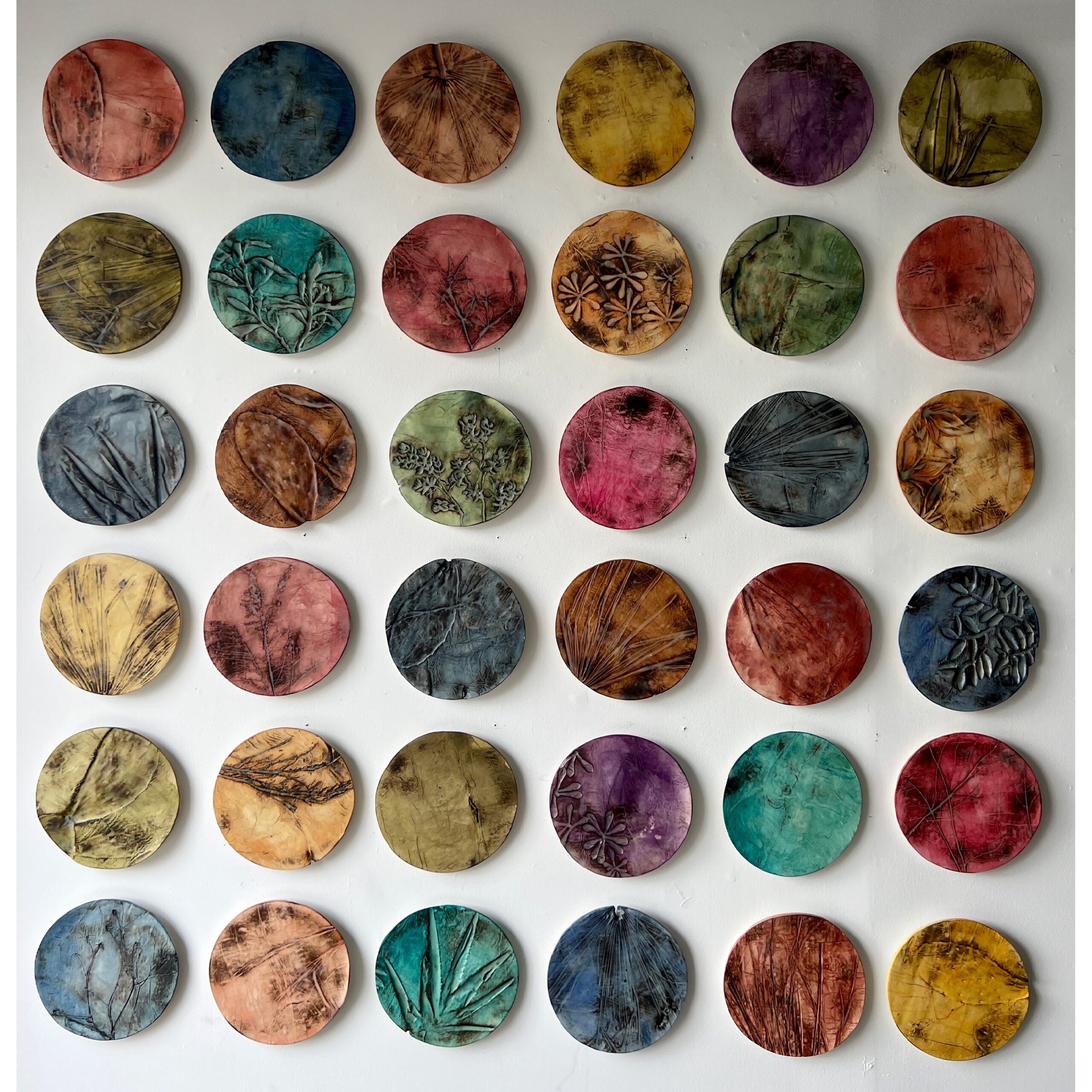 series of 36 paperclay dimensional wall works | Japanese paperclay inlaid with desert inspired botanicals, flame embellished, with watercolor and encaustic wax finish | 10" dia each