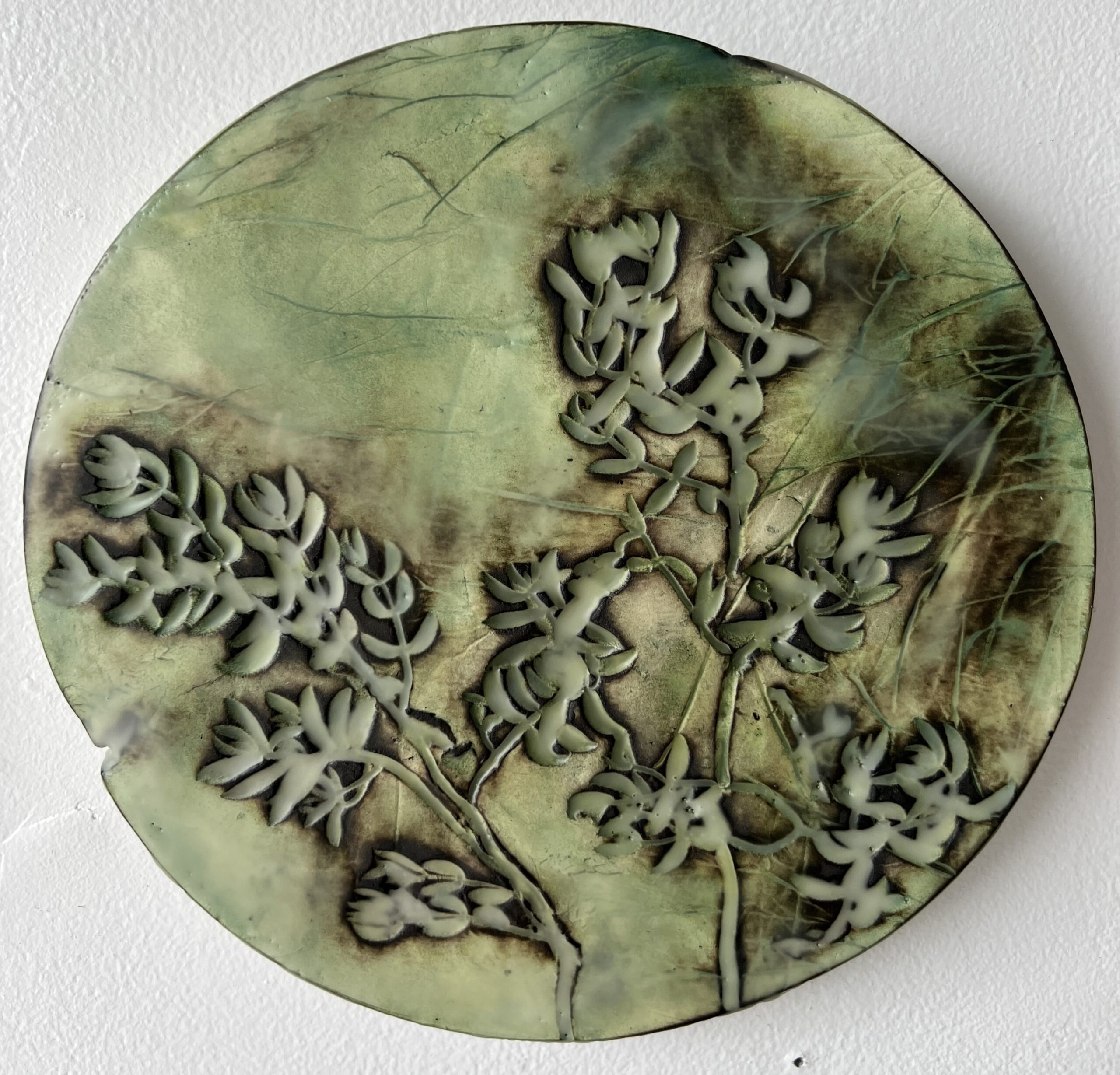 series of 36 paperclay dimensional wall works | Japanese paperclay inlaid with desert inspired botanicals, flame embellished, with watercolor and encaustic wax finish | 10" dia each