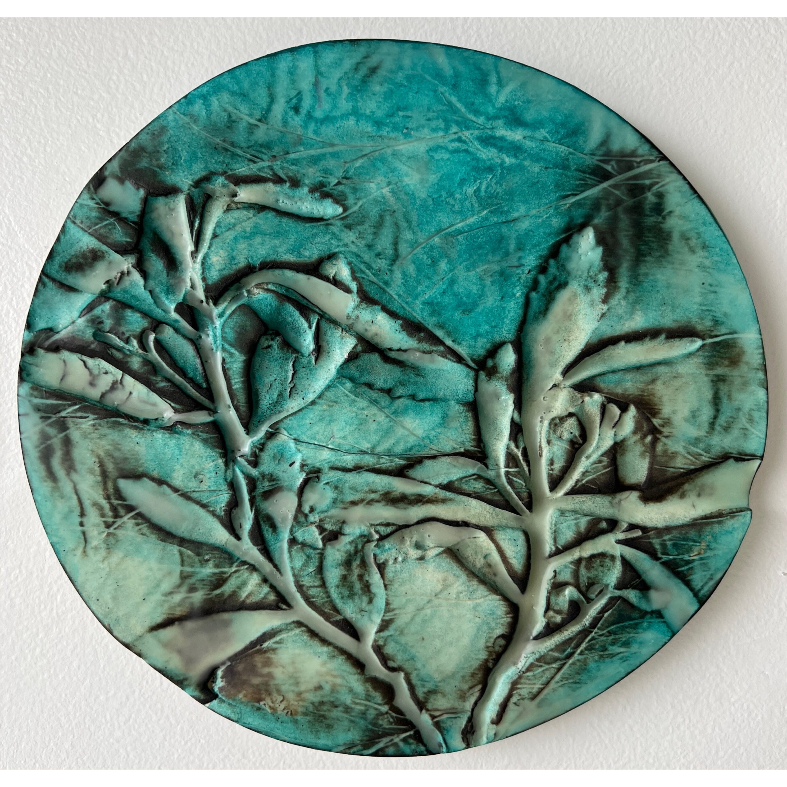 series of 36 paperclay dimensional wall works | Japanese paperclay inlaid with desert inspired botanicals, flame embellished, with watercolor and encaustic wax finish | 10" dia each