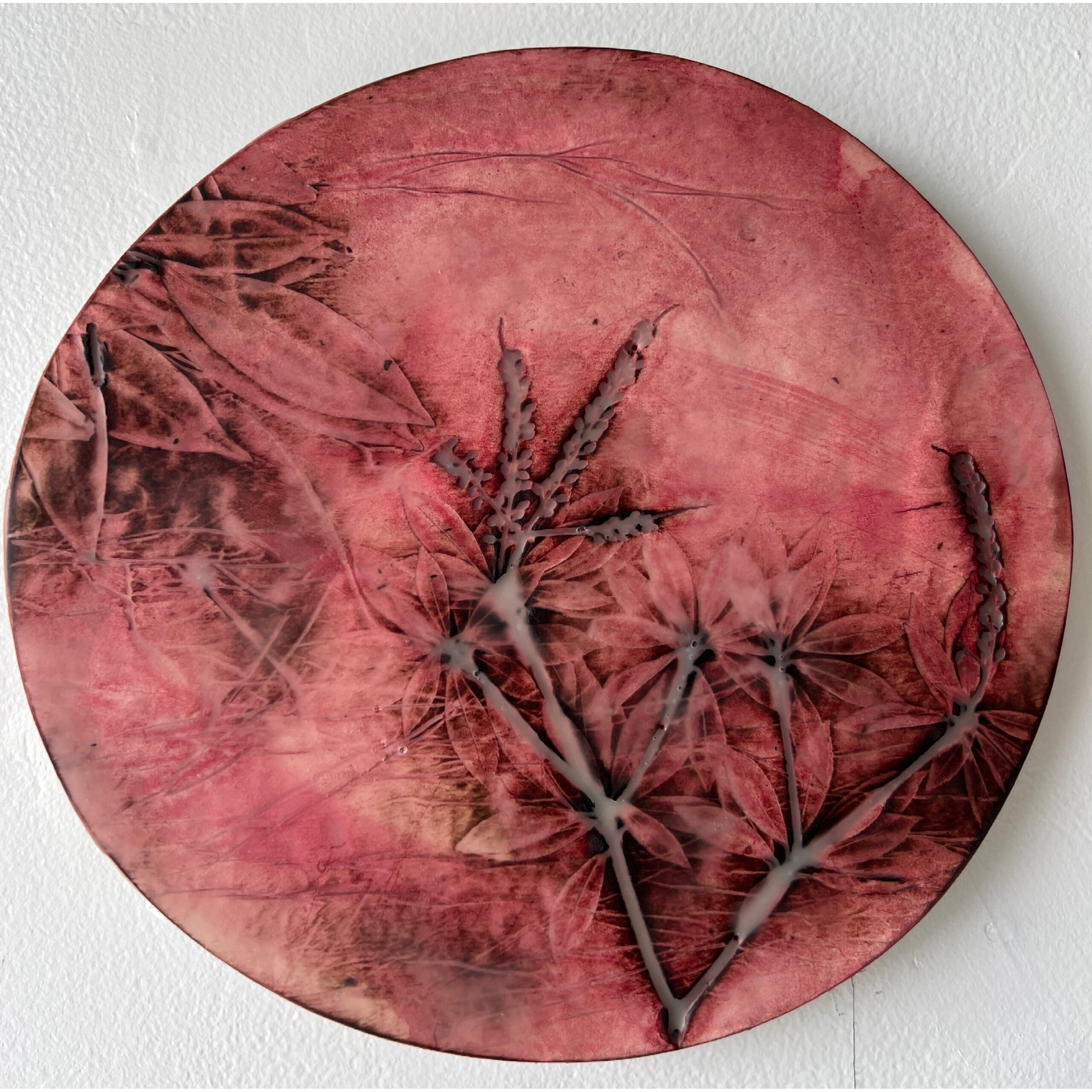 series of 36 paperclay dimensional wall works | Japanese paperclay inlaid with desert inspired botanicals, flame embellished, with watercolor and encaustic wax finish | 10" dia each