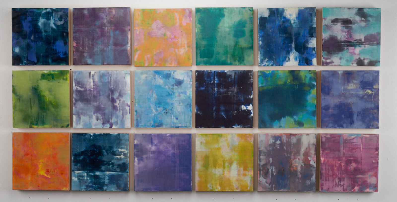 Emily Mann, Ink and Indigo, Overtone Series | encaustic on panel, 12" x 12" each