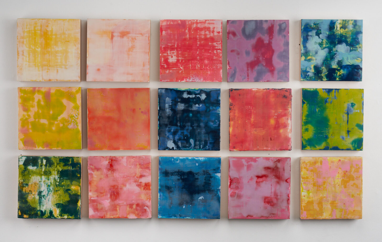 Emily Mann, Ink and Indigo, Overtone Series | encaustic on panel, 12" x 12" each