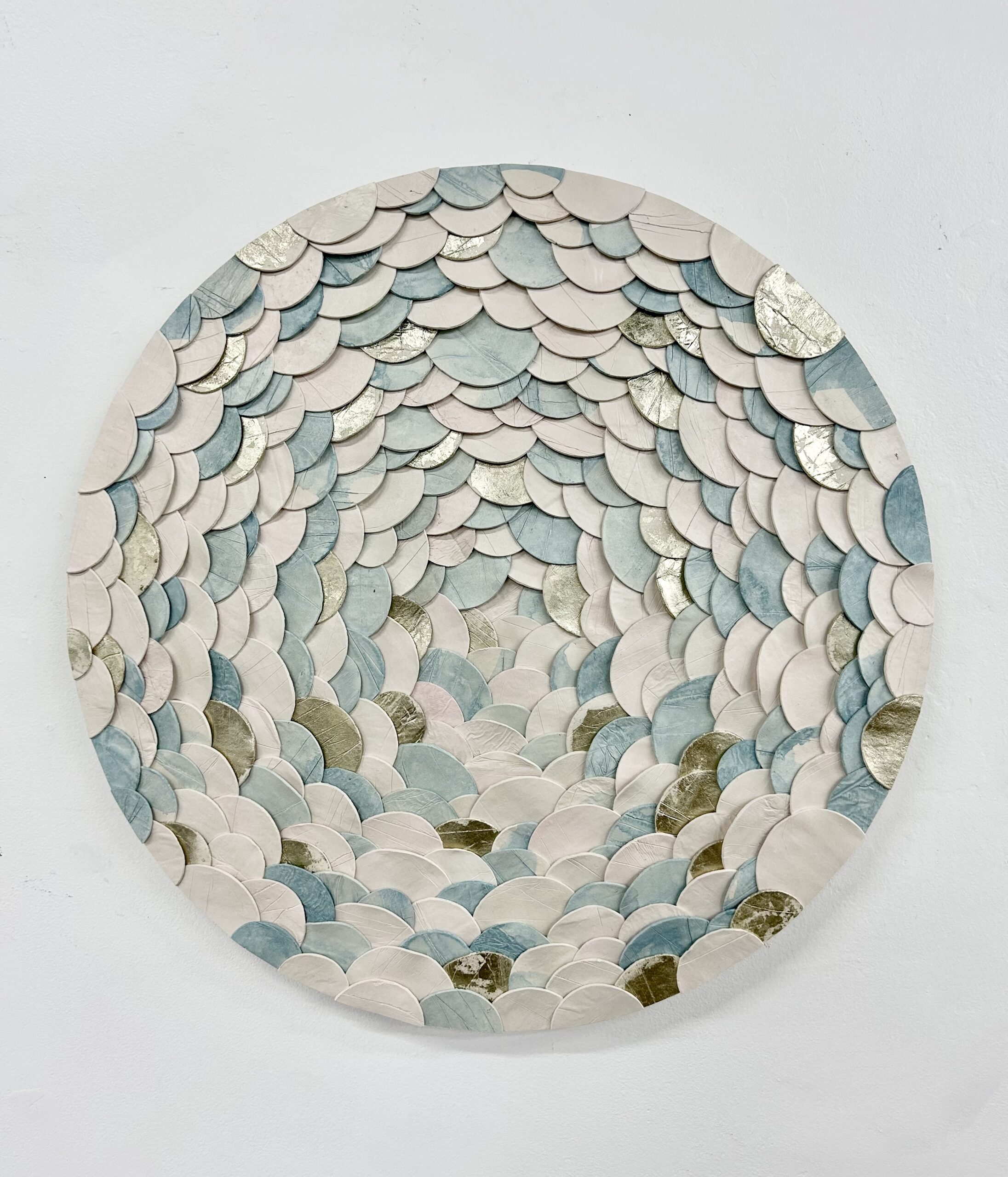 Custom Portal, paperclay assemblage with watercolor and champagne metal leaf accents, 30” diameter, dimensional art for hospitality and interior design projects