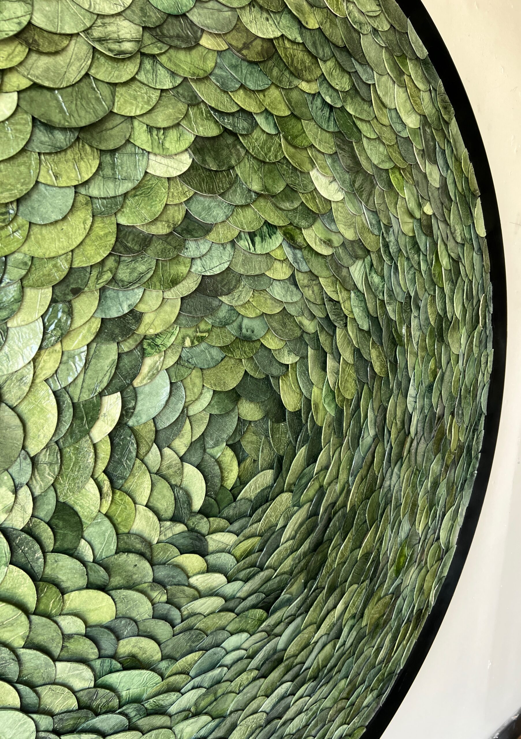 Custom Green Portal, paperclay assemblage with watercolor assemblage in black steel frame, 60” diameter, dimensional art for hotels and interiors