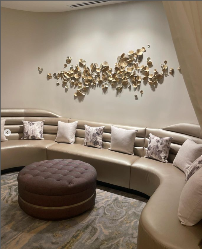 Direct to wall installation for Four Season Atlanta Spa, custom paperclay Cuppies in mixed metallics, approximately 18" x 72" area | Consulting by Canvas Atlanta