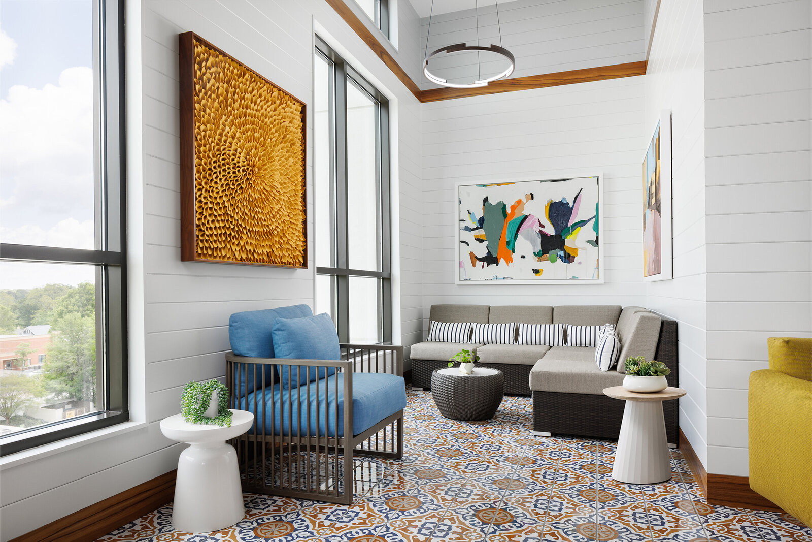 Custom Wool Felt Assemblage in Burst style, 42x42, walnut frame, installation view at Modera Decatur | Consulting by Canvas Atlanta