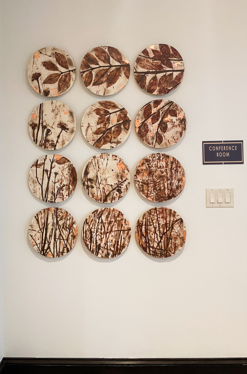 custom inlaid botanical vignette, encaustic and paperclay disks approx 12 diameter each, installation view | Canvas Atlanta