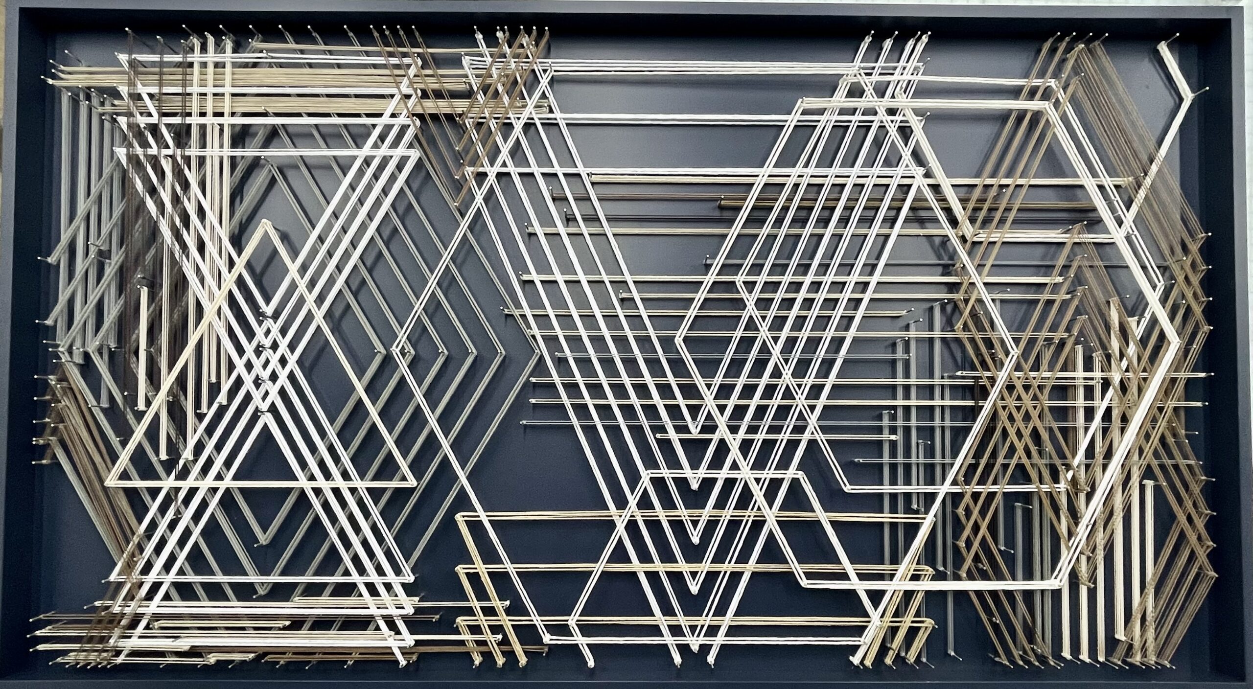 Custom Geometric String Art, cord, string, stainless steel pins, 40h x 72w, installation view at Modera Decatur | Consulting by Canvas Atlanta