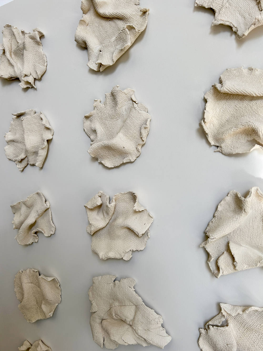 Custom Fabric Forma series on panel, free form paperclay elements with inlaid fabric patterning mounted to painted backer, 40.5" H x 52.5" W