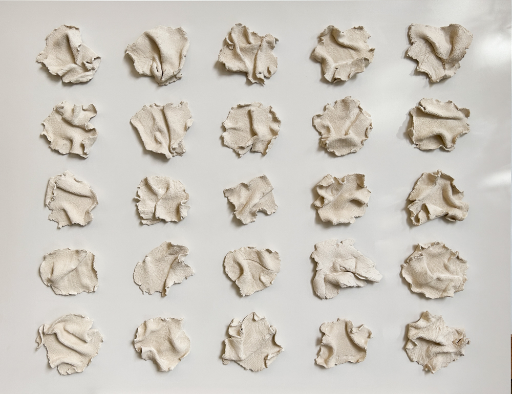 Custom Fabric Forma series on panel, free form paperclay elements with inlaid fabric patterning mounted to painted backer, 40.5" H x 52.5" W