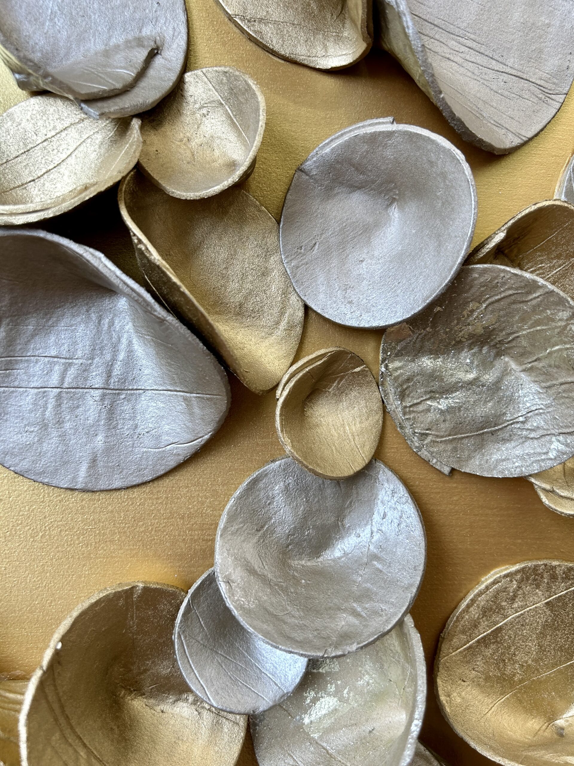 custom paperclay cuppies commission in mixed metallics with champane metal leaf accents, on gold backer | 46"H x 34"W