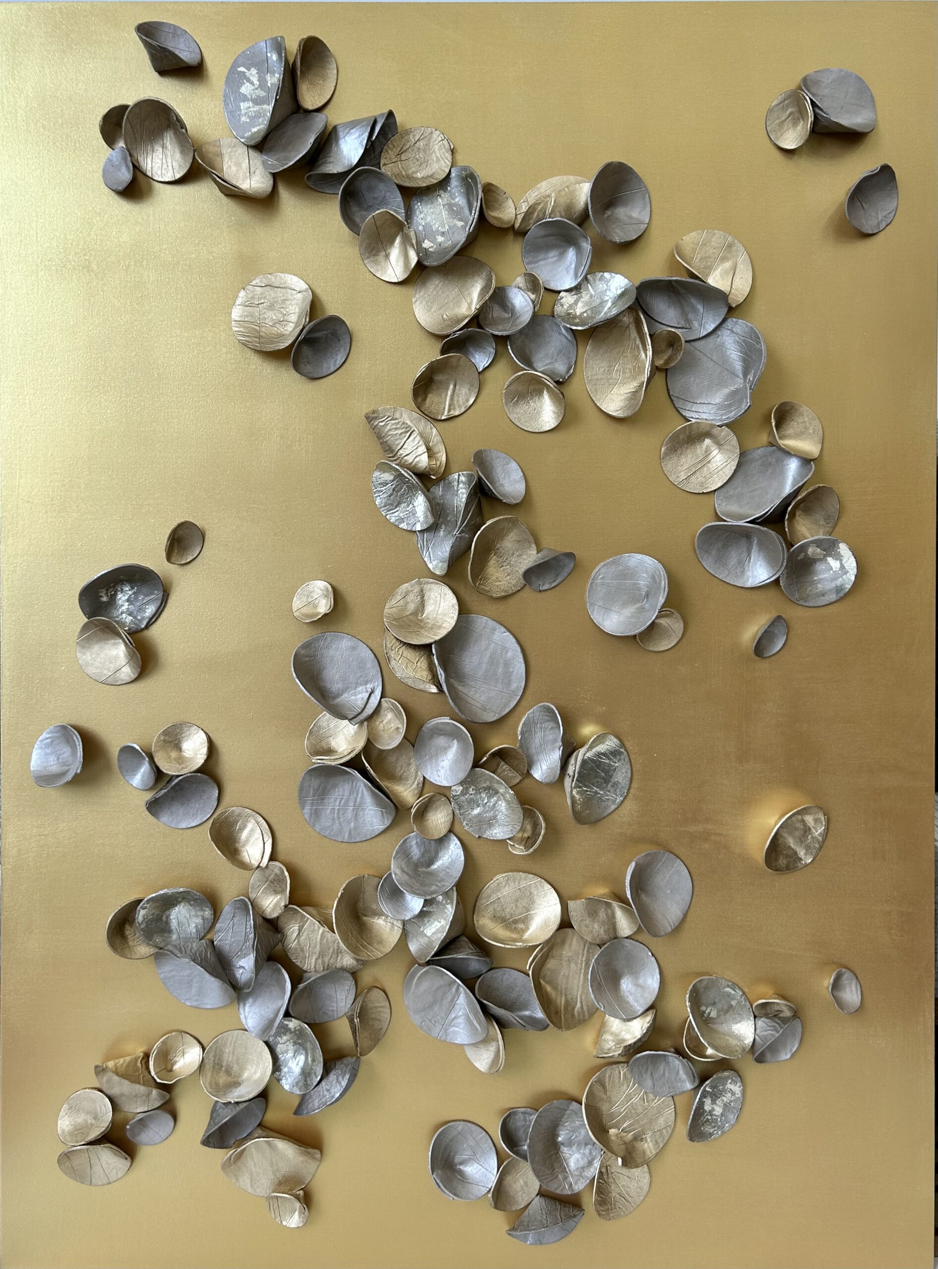 custom paperclay cuppies commission in mixed metallics with champane metal leaf accents, on gold backer | 46"H x 34"W