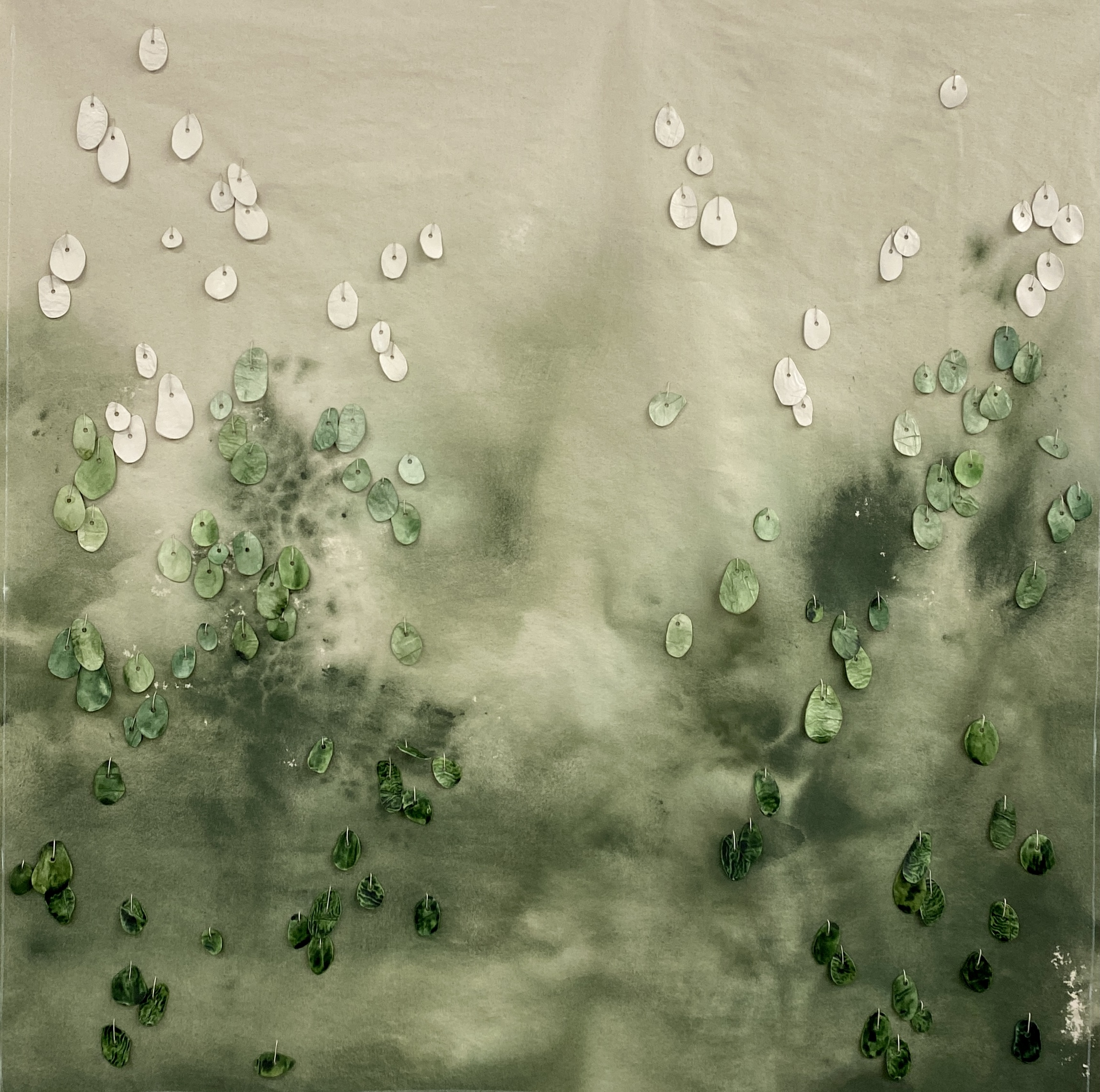 custom abstract landscape art in green tones with dimensional clay elements overlay