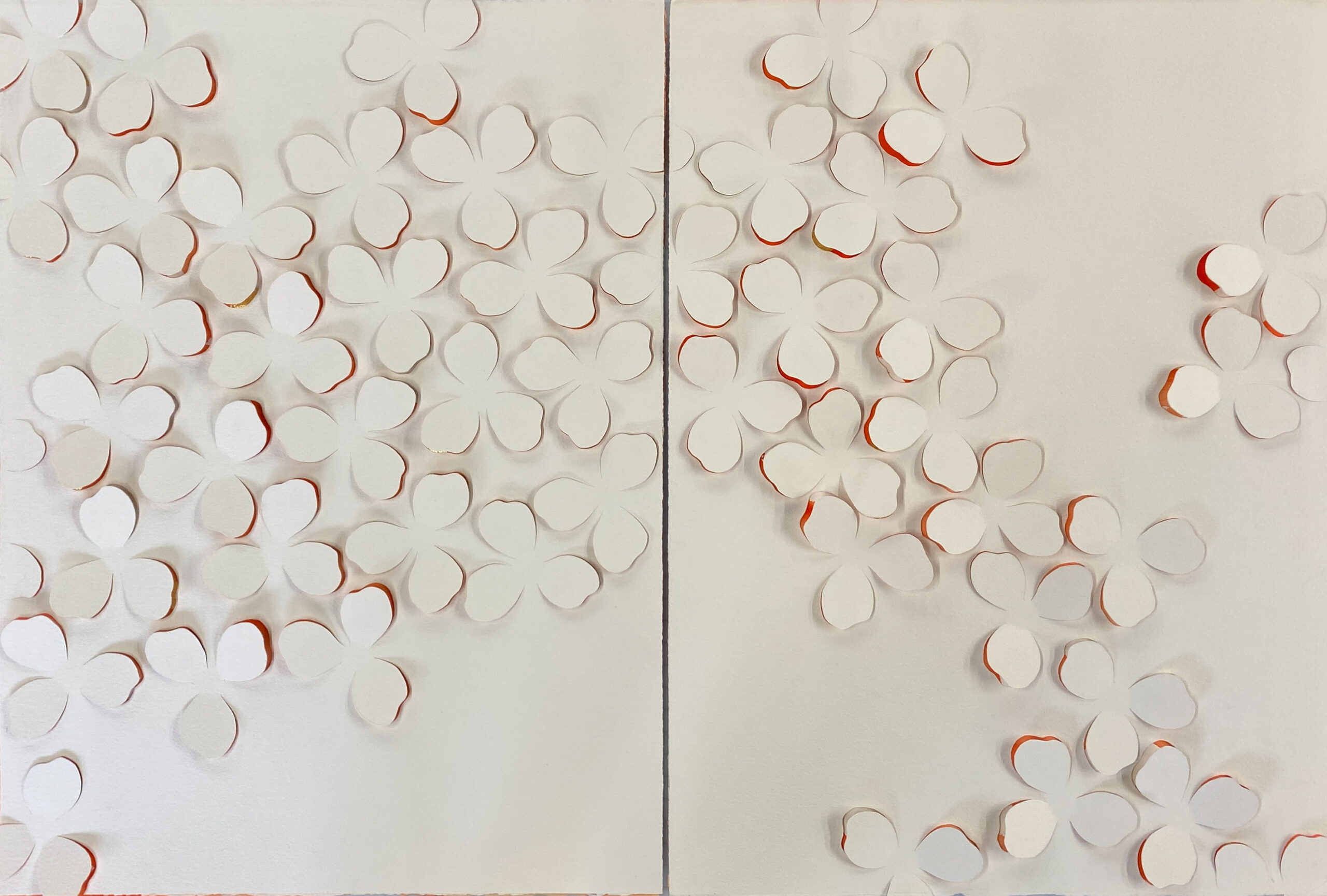Cut Paper Abstract Floral Blossoms, handcut watercolor paper overlaid silver embellished backer, 40 x 30 in each, 40 x 60 in as diptych