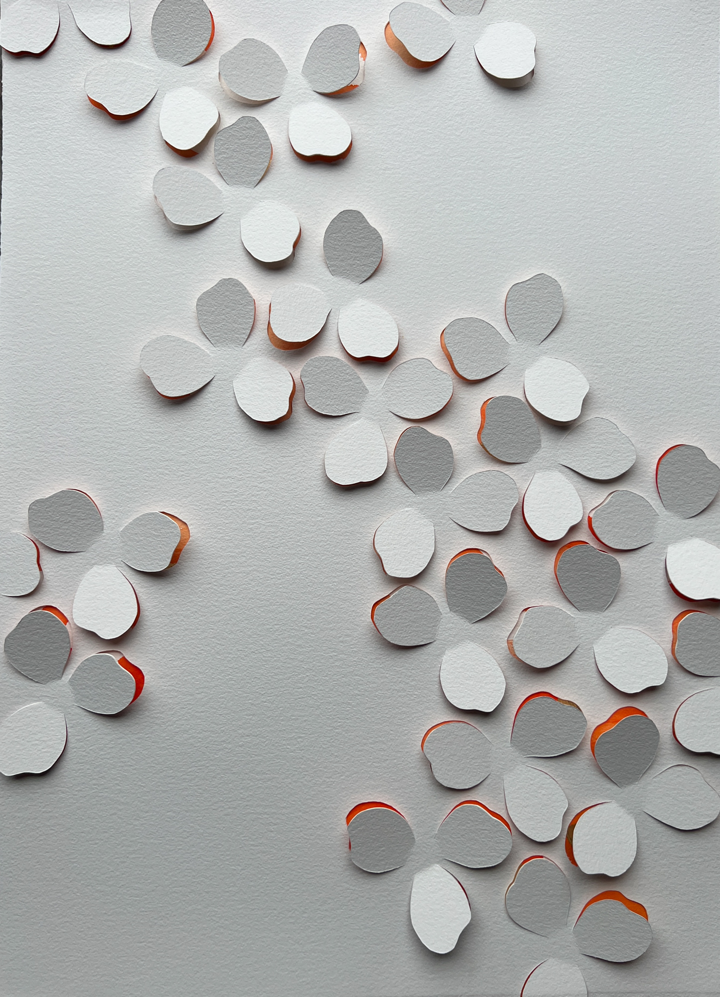 Cut Paper Abstract Floral Blossoms, handcut watercolor paper overlaid silver embellished backer, 40 x 30 in each, 40 x 60 in as diptych