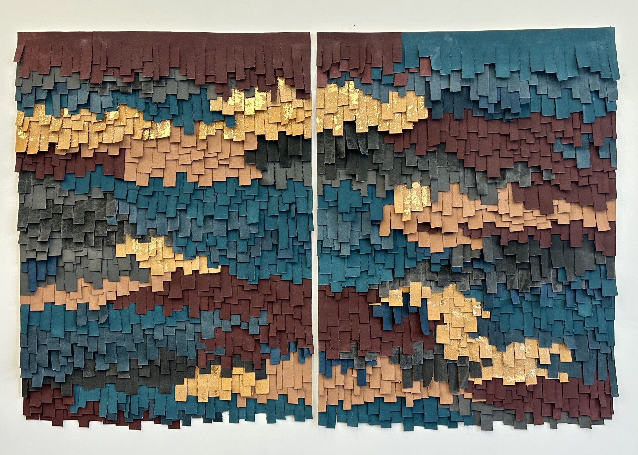 Fringe Series, dimensional wall art of hand-painted and metal leaf on cut and layered duck canvas, 2 panels at 40x30 each | full view
