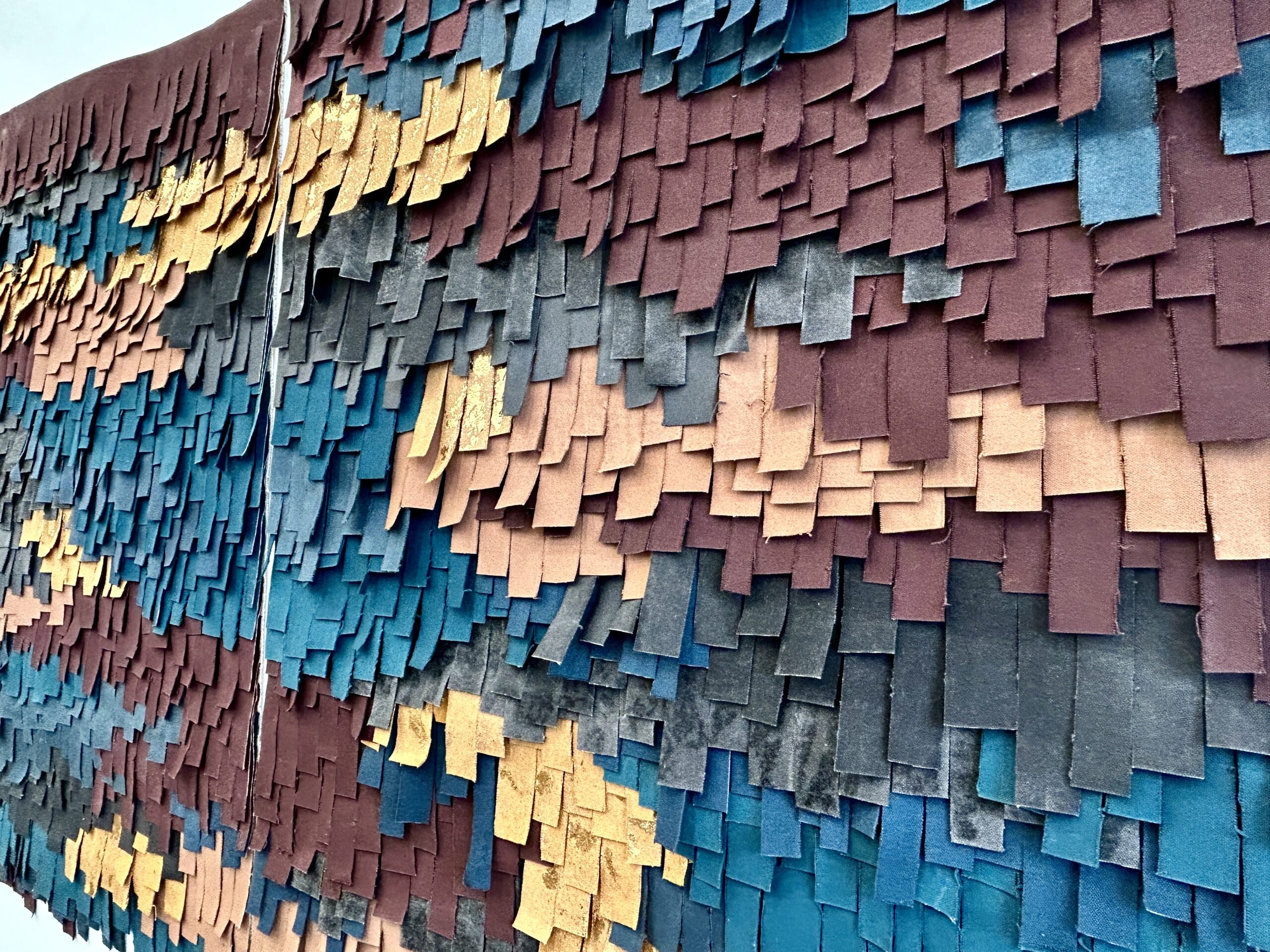 Fringe Series, dimensional wall art of hand-painted and metal leaf on cut and layered duck canvas, 2 panels at 40x30 each | side view