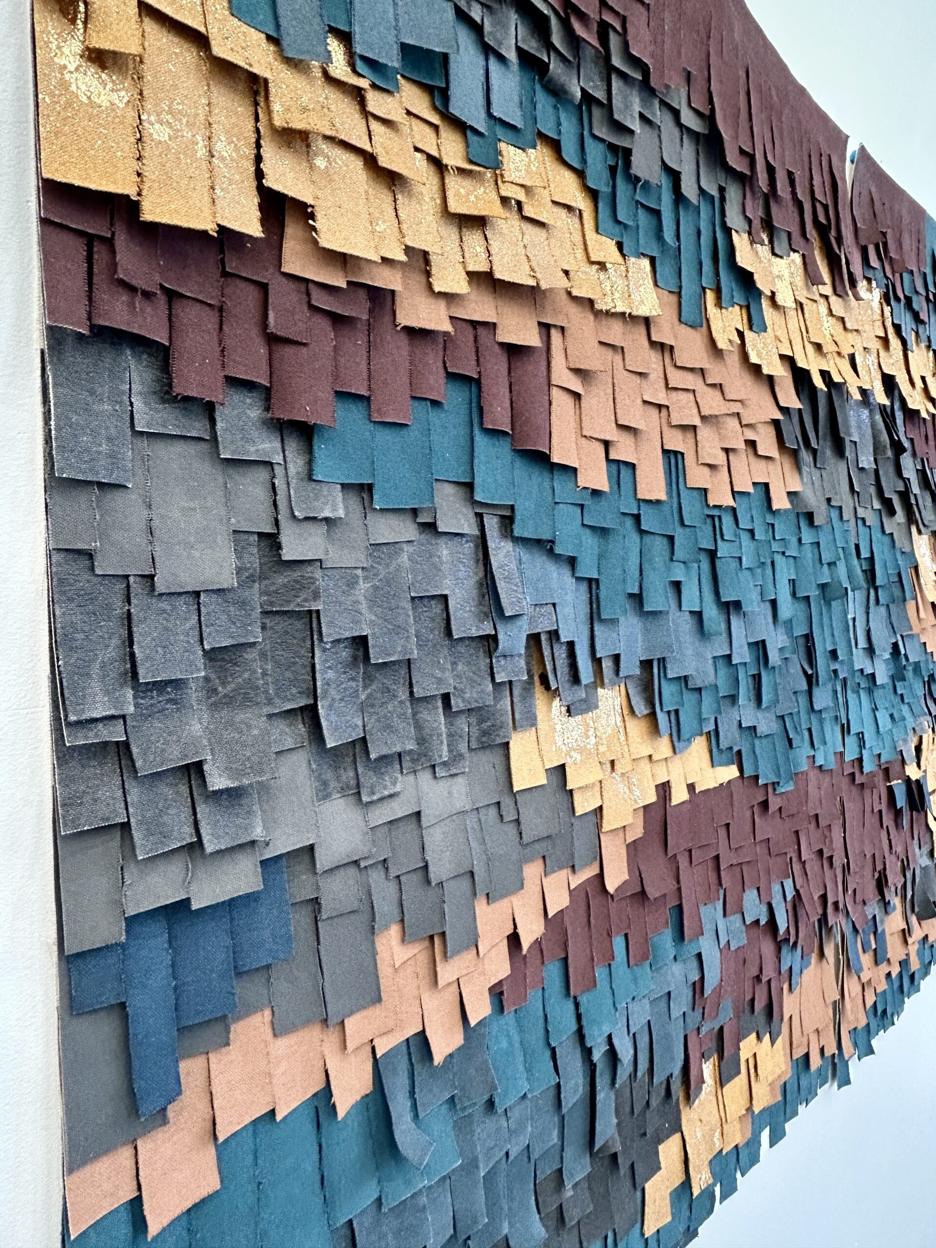 Fringe Series, dimensional wall art of hand-painted and metal leaf on cut and layered duck canvas, 2 panels at 40x30 each | side view