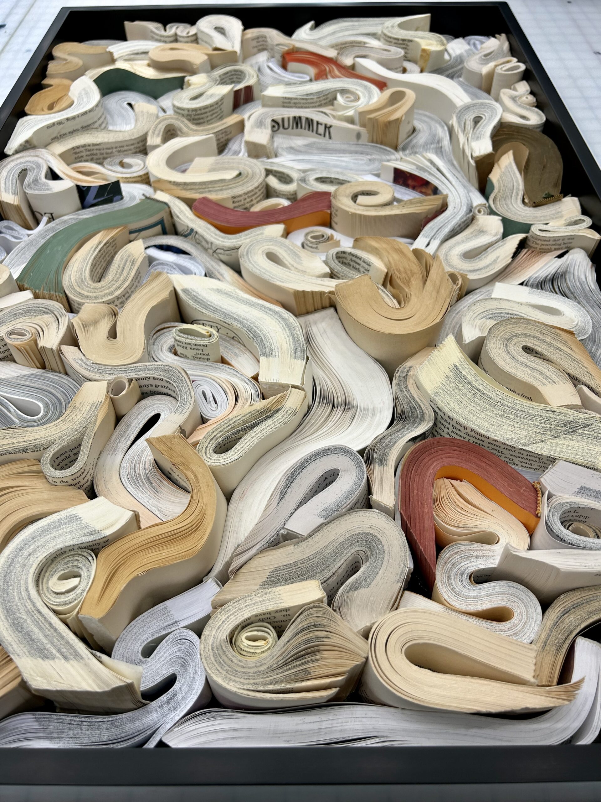 custom cut book assemblage in handmade frame with black finish, 30"H x 20"W