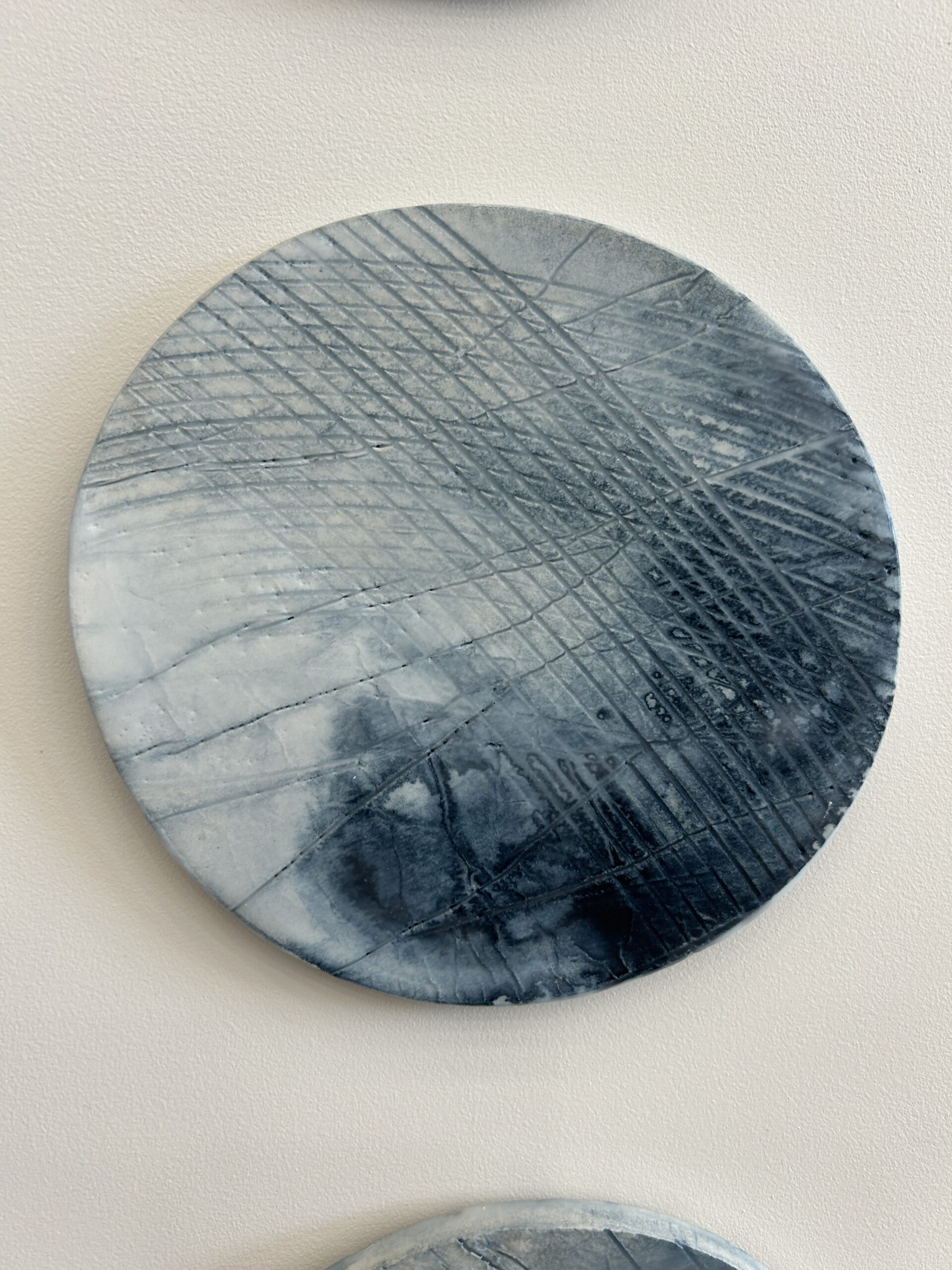 Emily Mann, Ink and Indigo, Custom Commisioned Paperclay and Encaustic Disks on Panel, set of 4, 38x38 each, custom art for luxury hospitality suites