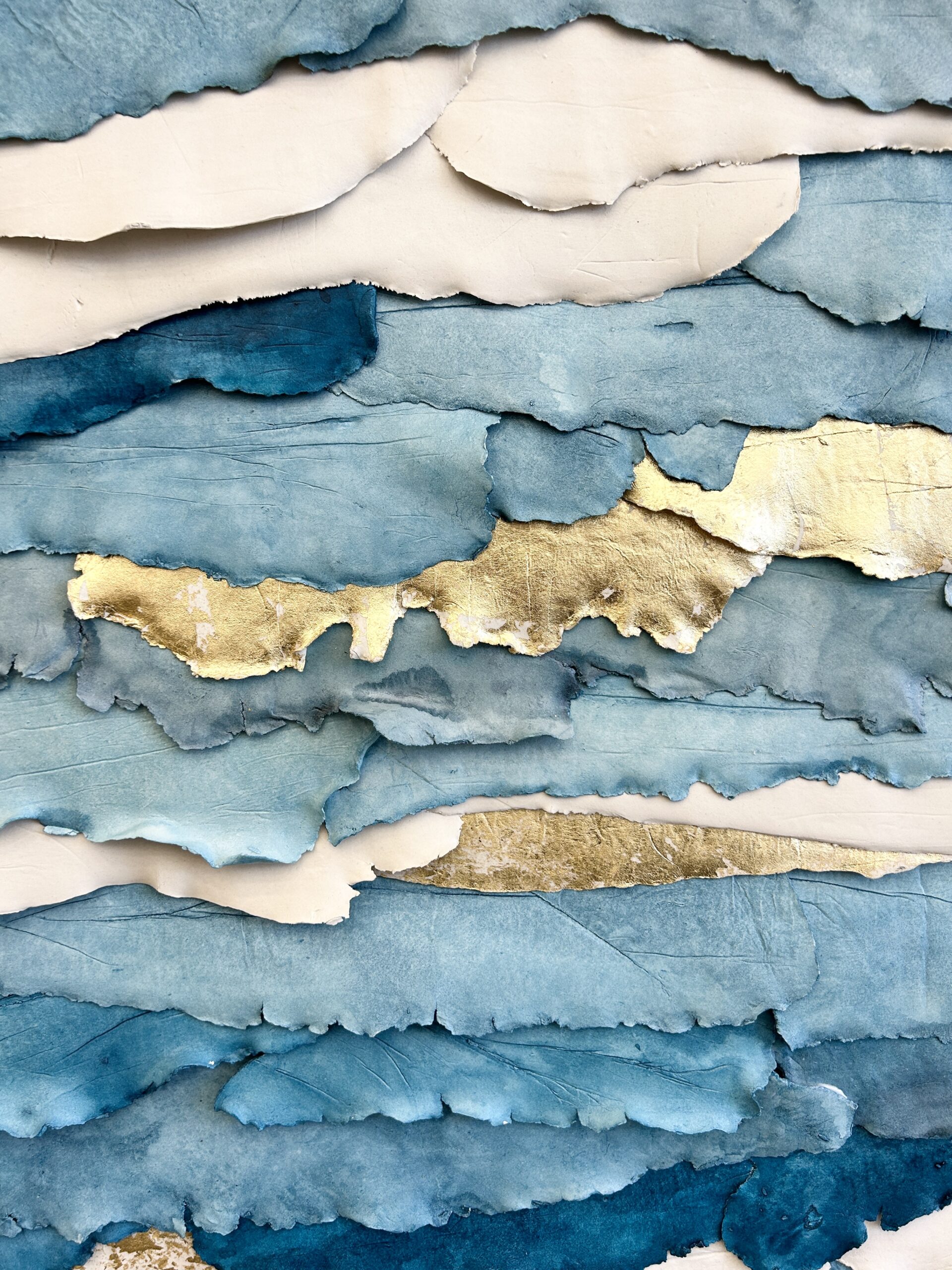 custom dimensional wall art by Emily Mann, Ink and Indigo, Circular Strata on Square Panel, Custom Dimensional Paperclay Assemblage with Watercolor and Gold Leafing on Cradled Panel, 45x45, detail view