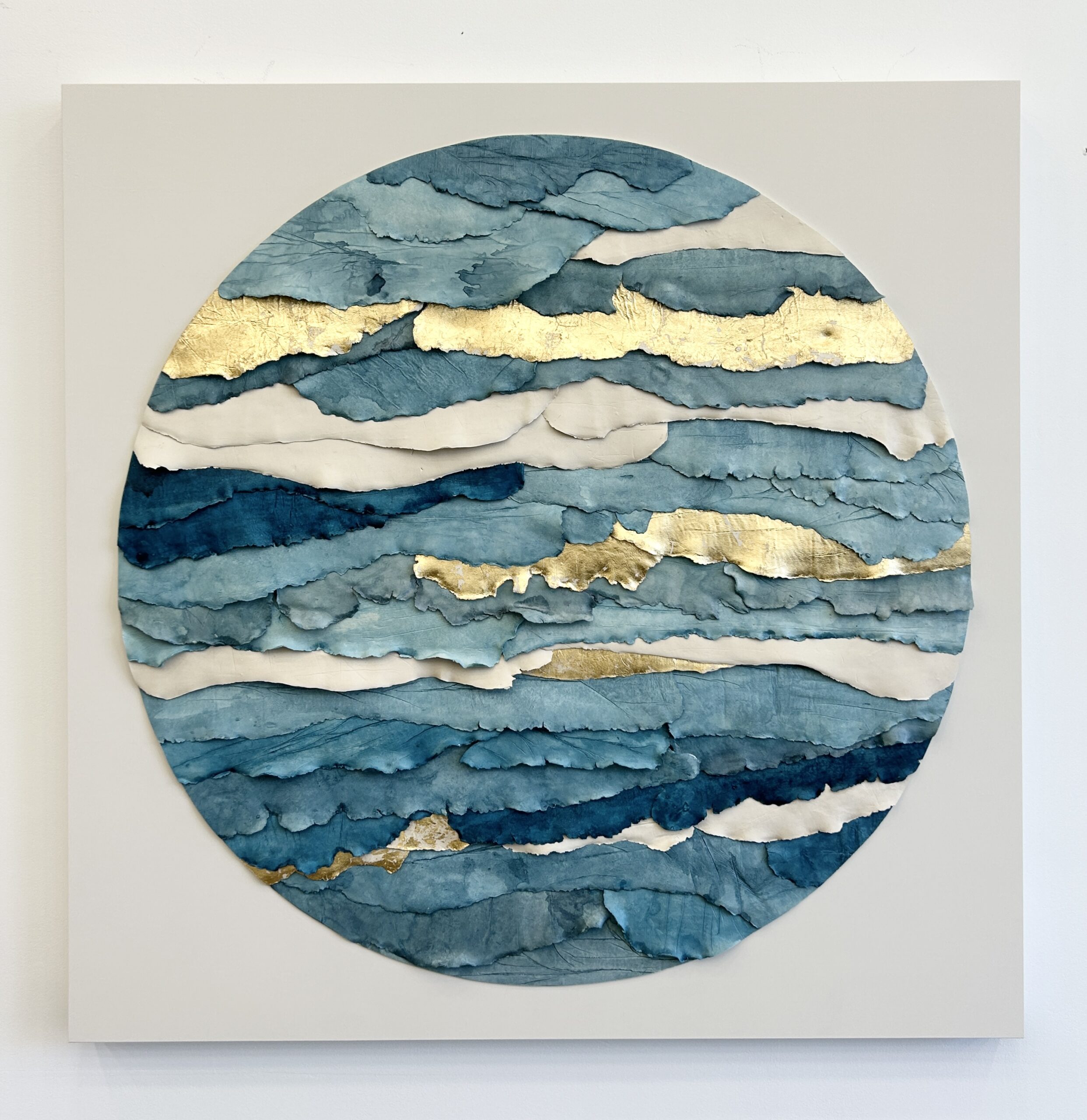 custom dimensional wall art by Emily Mann, Ink and Indigo, Circular Strata on Square Panel, Custom Dimensional Paperclay Assemblage with Watercolor and Gold Leafing on Cradled Panel, 45x45, front view