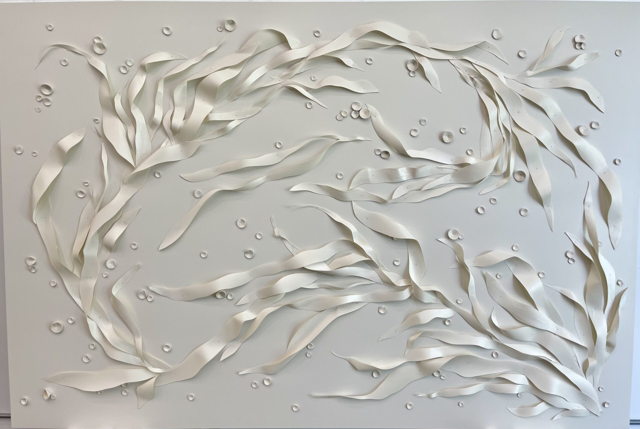 Emily Mann, Ink and Indigo, Custom Commissioned Dimensional Wall Art, Encaustic Wax on Paper and Paperclay Elements on Painted Panel, set of 2, 64x95x2 each