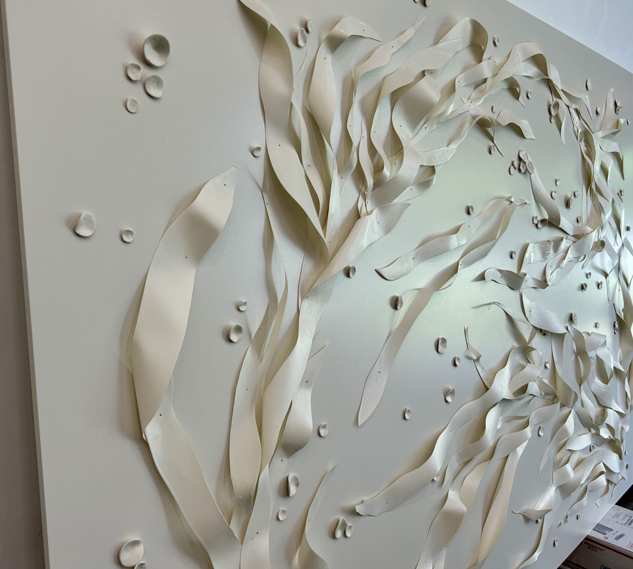 Emily Mann, Ink and Indigo, Custom Commissioned Dimensional Wall Art, Encaustic Wax on Paper and Paperclay Elements on Painted Panel, set of 2, 64x95x2 each