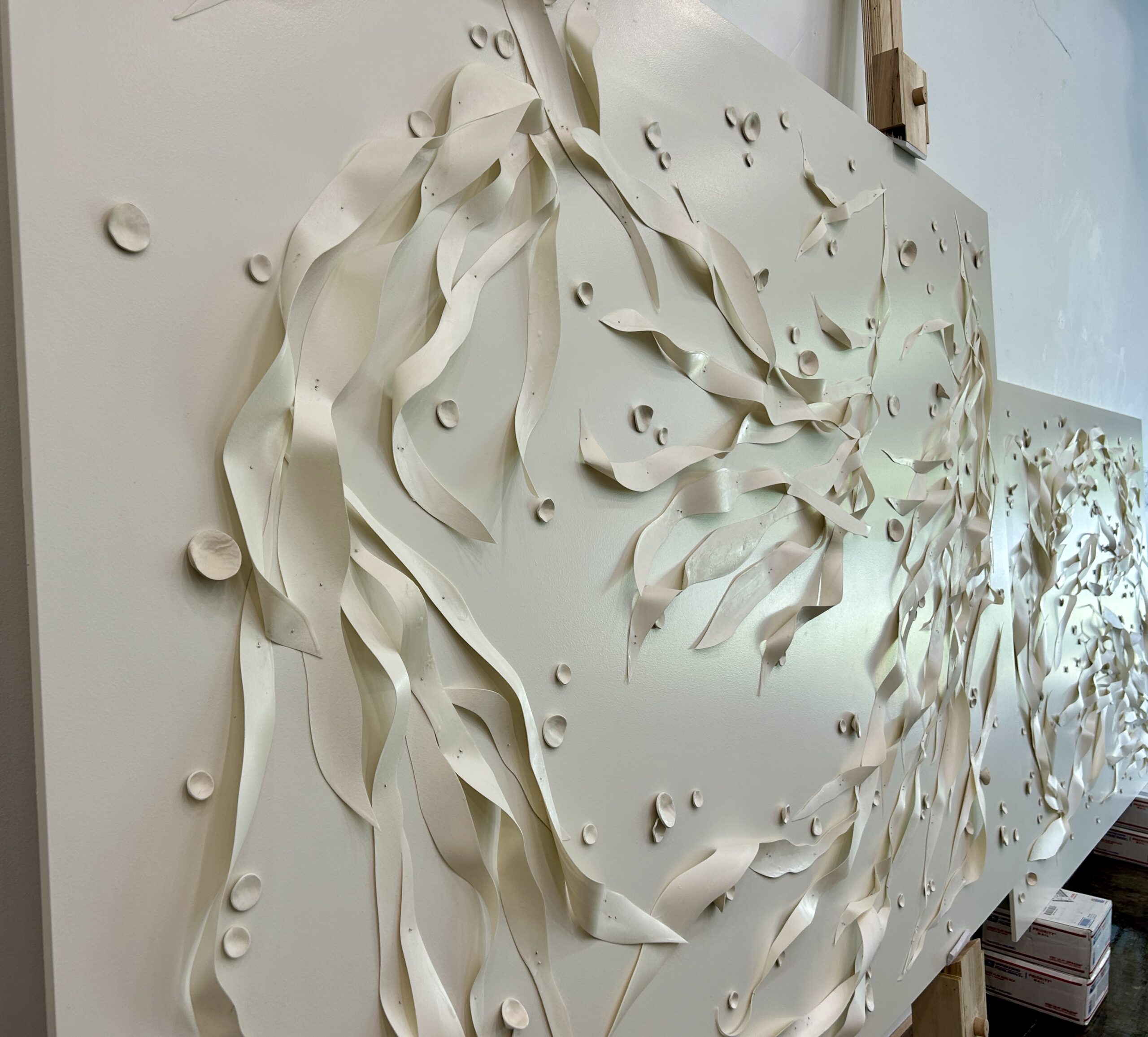 Emily Mann, Ink and Indigo, Custom Commissioned Dimensional Wall Art, Encaustic Wax on Paper and Paperclay Elements on Painted Panel, set of 2, 64x95x2 each