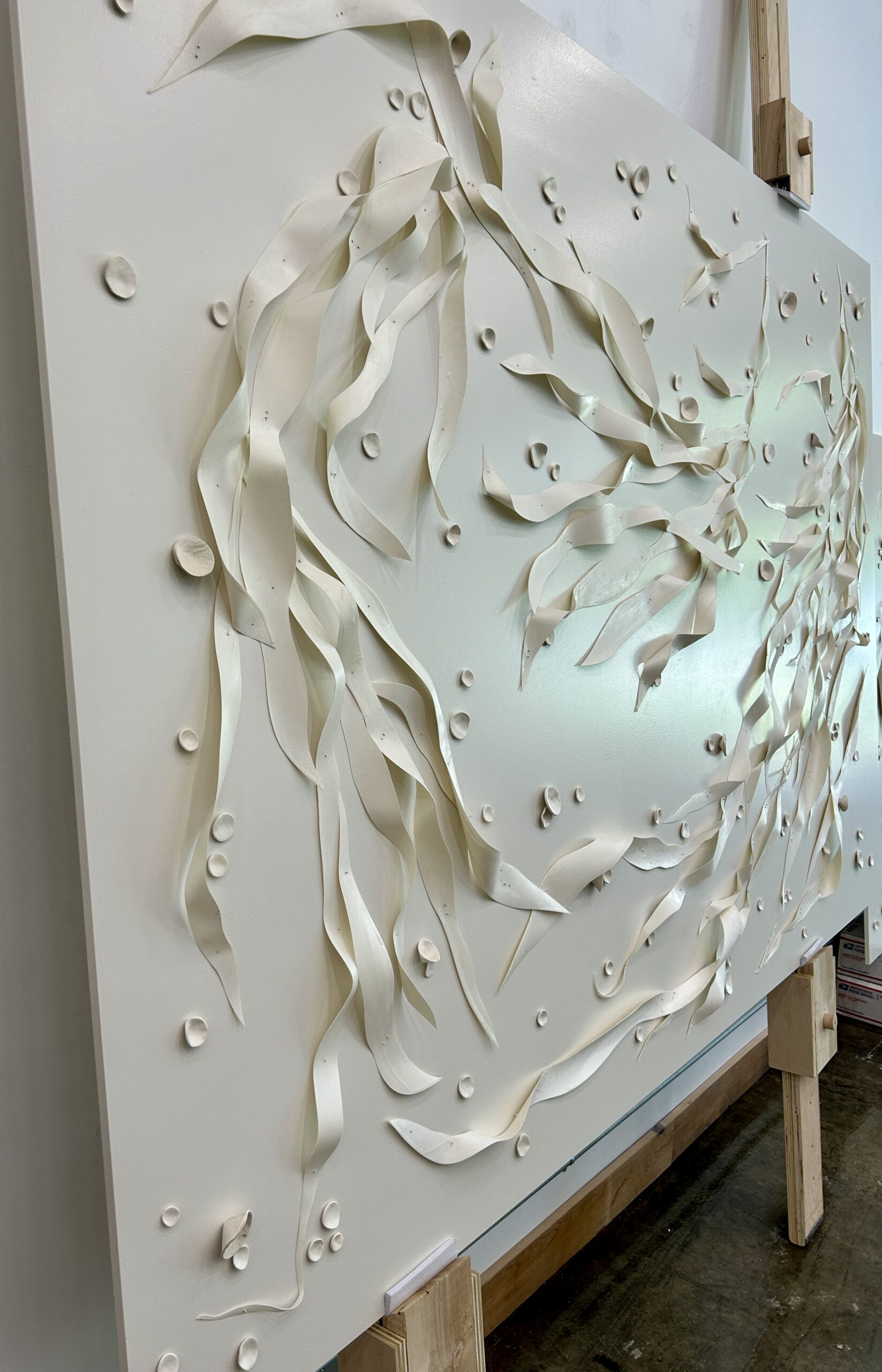 Emily Mann, Ink and Indigo, Custom Commissioned Dimensional Wall Art, Encaustic Wax on Paper and Paperclay Elements on Painted Panel, set of 2, 64x95x2 each