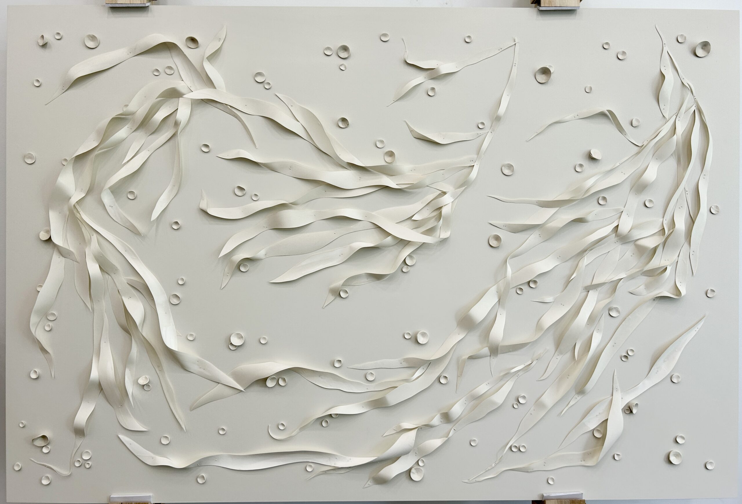 Emily Mann, Ink and Indigo, Custom Commissioned Dimensional Wall Art, Encaustic Wax on Paper and Paperclay Elements on Painted Panel, set of 2, 64x95x2 each