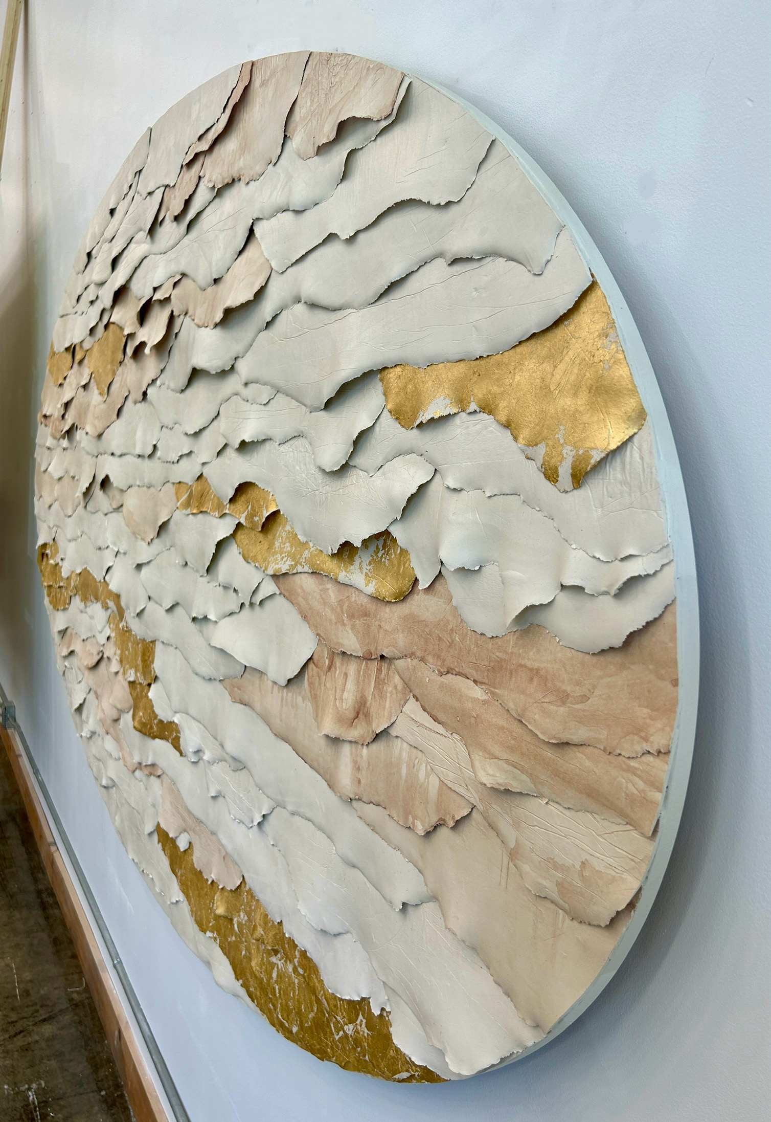 Custom Dimensional Wall Sculpture in Strata Style, Japanese Paperclay with Watercolor and Gold Leaf, 54”H x 102”W