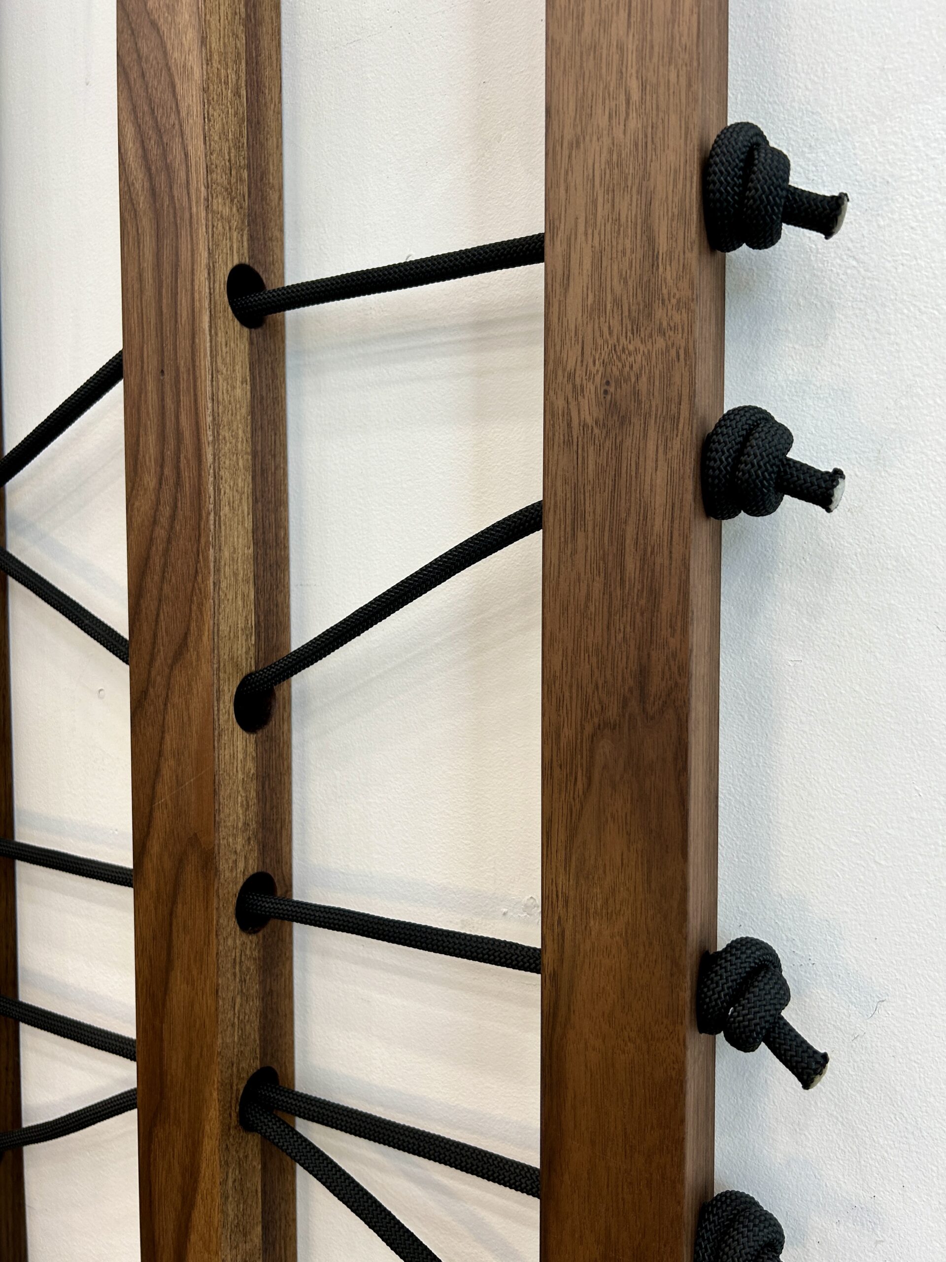 Emily Mann, Ink and Indigo, Wood + Woven Landscape 1, Custom Dimensional Wall Installation, Walnut Slats Woven through with Black Climbing Rope to represent Sedona Mountainscape, approximately 36h x 116w
