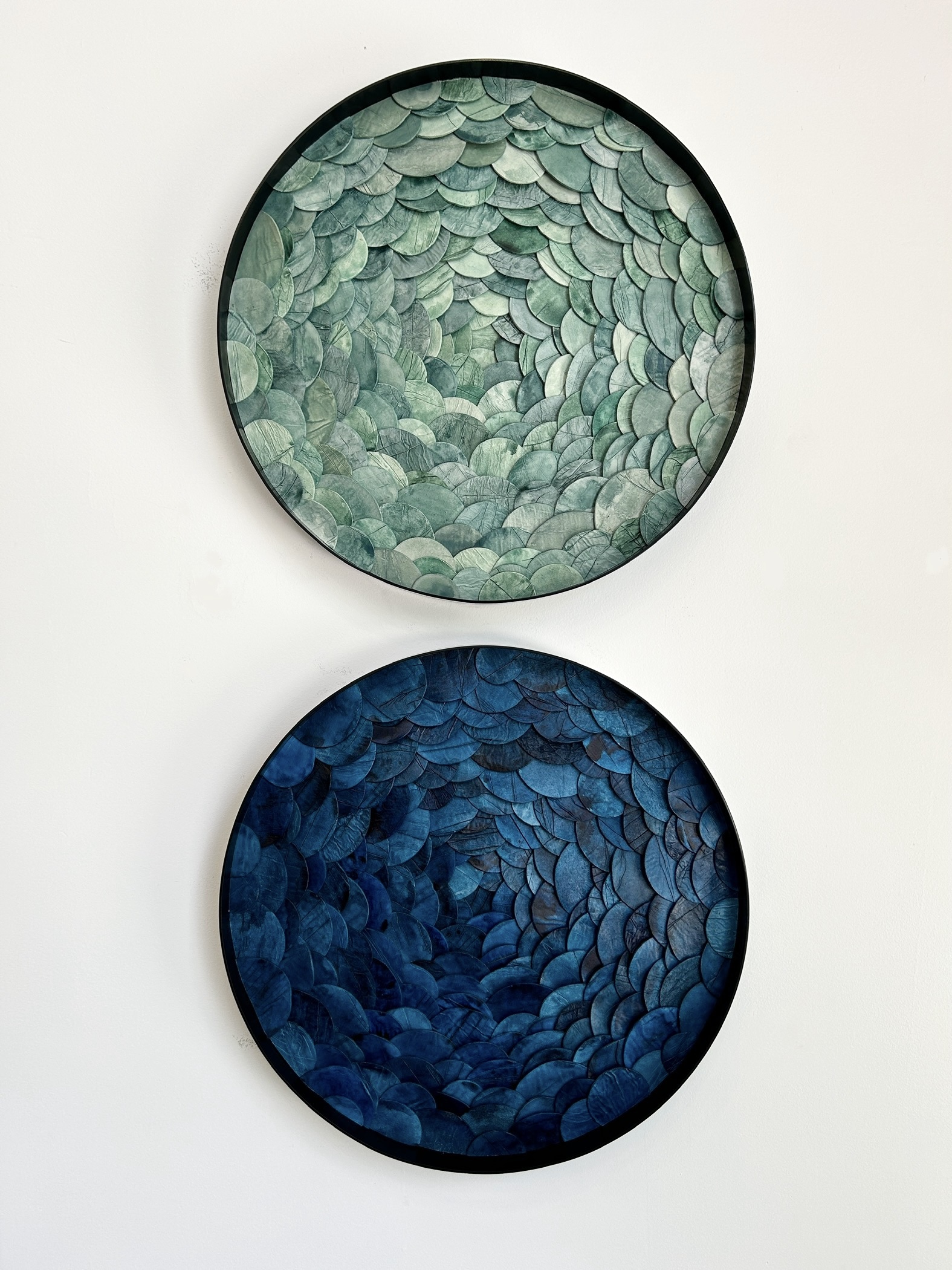 Emily-Mann-Ink-and-Indigo-Custom-Portals-paperclay-and-watercolor-dimensional-wall-art-in-metal-circular-frames-24in-dia-each