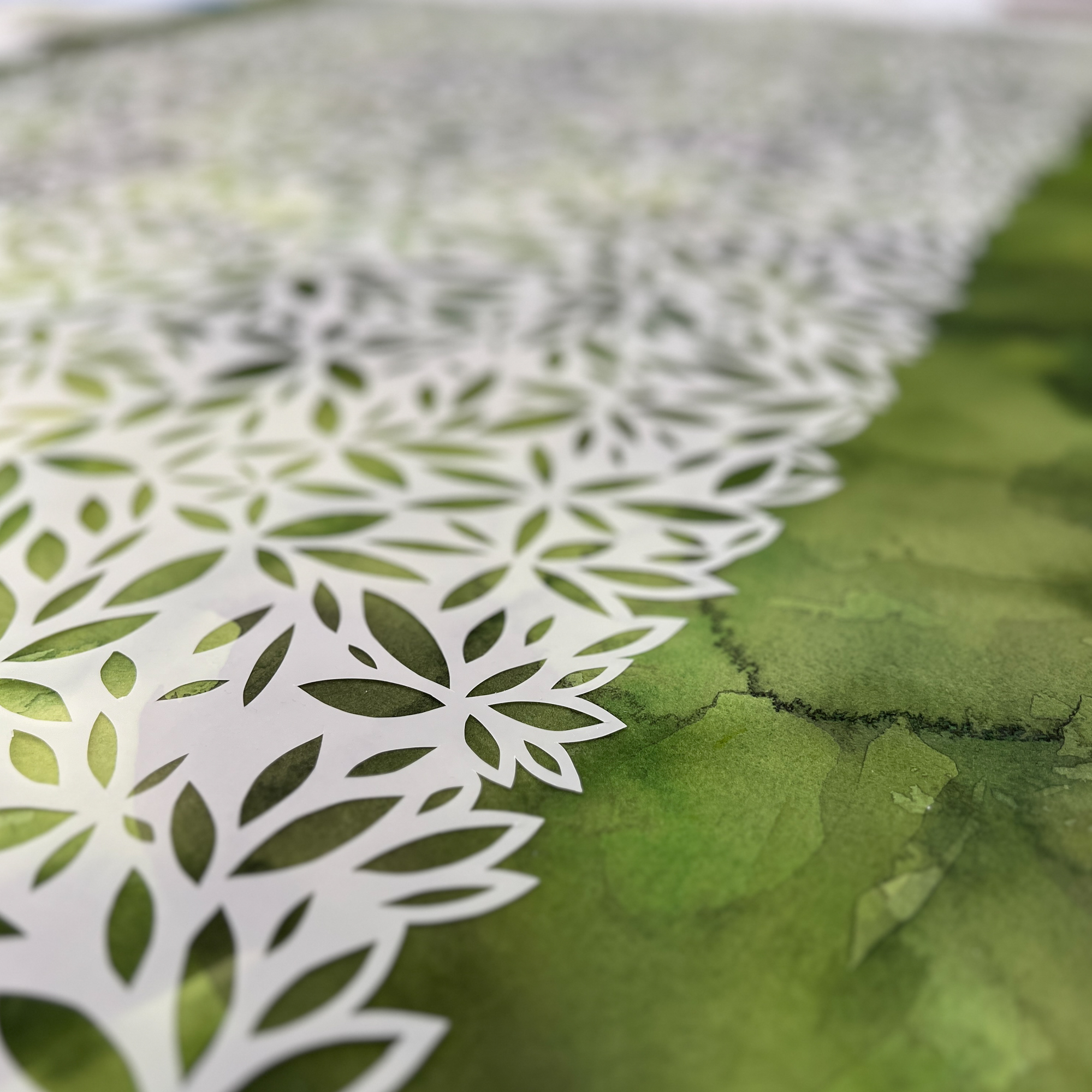 Custom Watercolor Painting with Handcut Vellum Overlay, approx 60 x 40 in, 300lb Arches WC paper, duralar vellum overlay