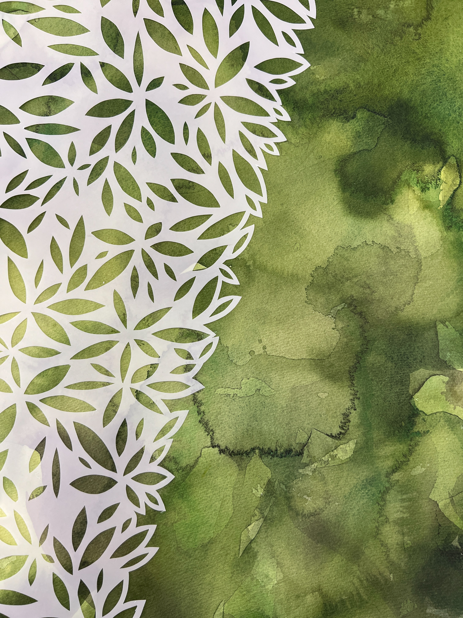 Custom Watercolor Painting with Handcut Vellum Overlay, approx 60 x 40 in, 300lb Arches WC paper, duralar vellum overlay
