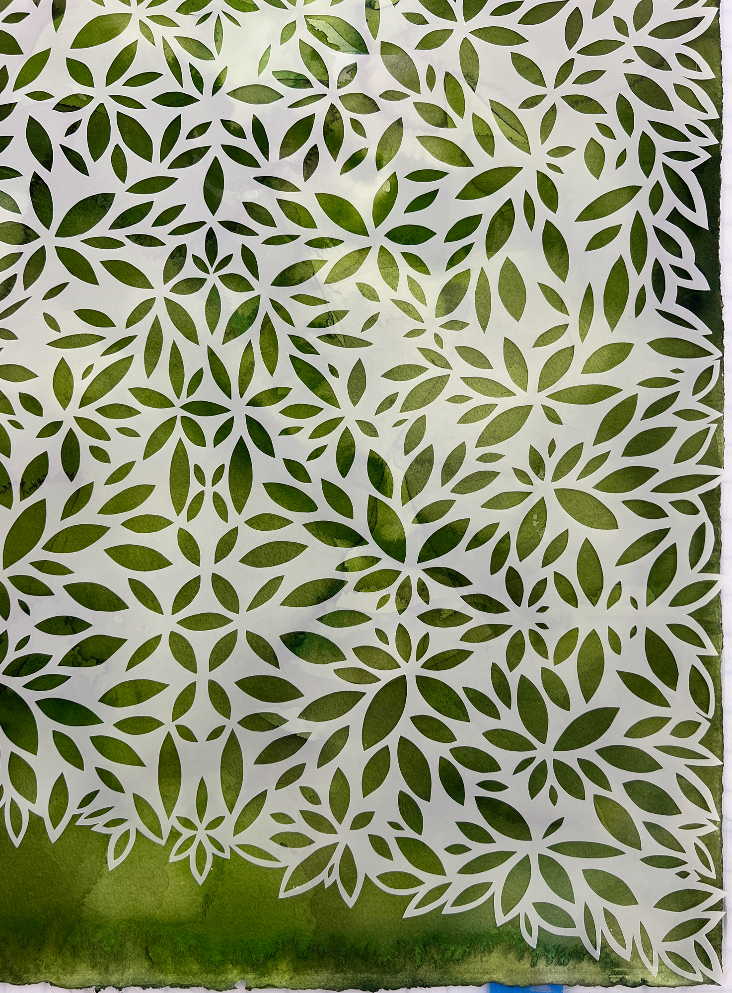 Custom Watercolor Painting with Handcut Vellum Overlay, approx 60 x 40 in, 300lb Arches WC paper, duralar vellum overlay