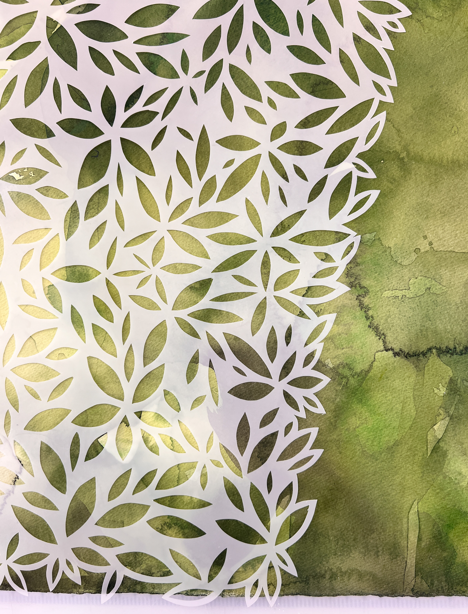 Custom Watercolor Painting with Handcut Vellum Overlay, approx 60 x 40 in, 300lb Arches WC paper, duralar vellum overlay