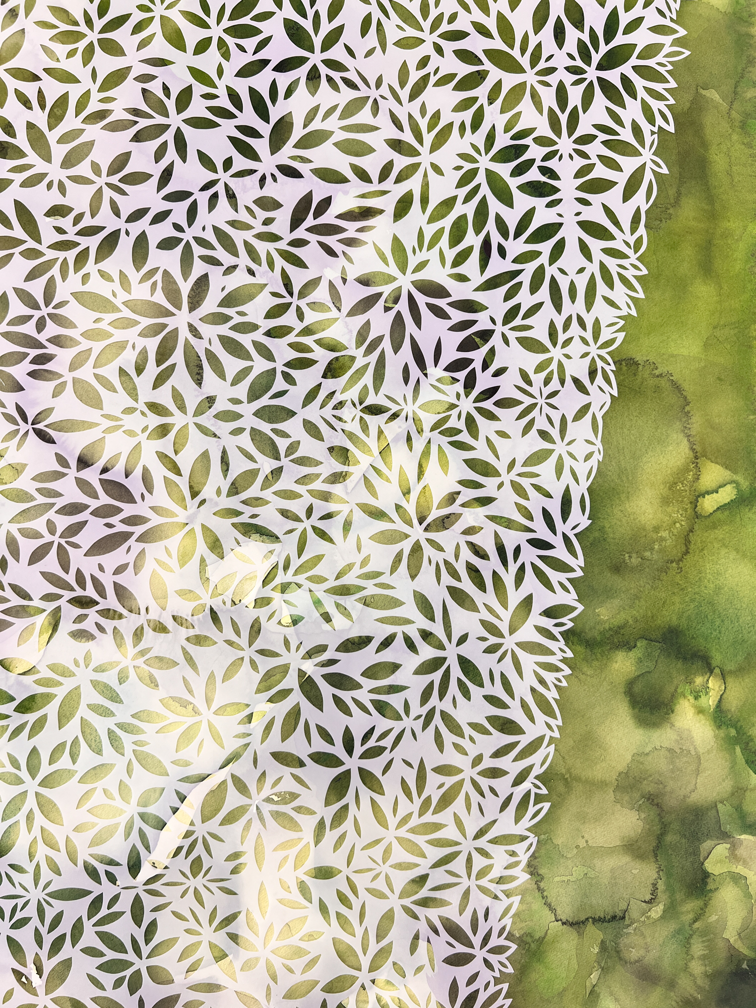 Custom Watercolor Painting with Handcut Vellum Overlay, approx 60 x 40 in, 300lb Arches WC paper, duralar vellum overlay