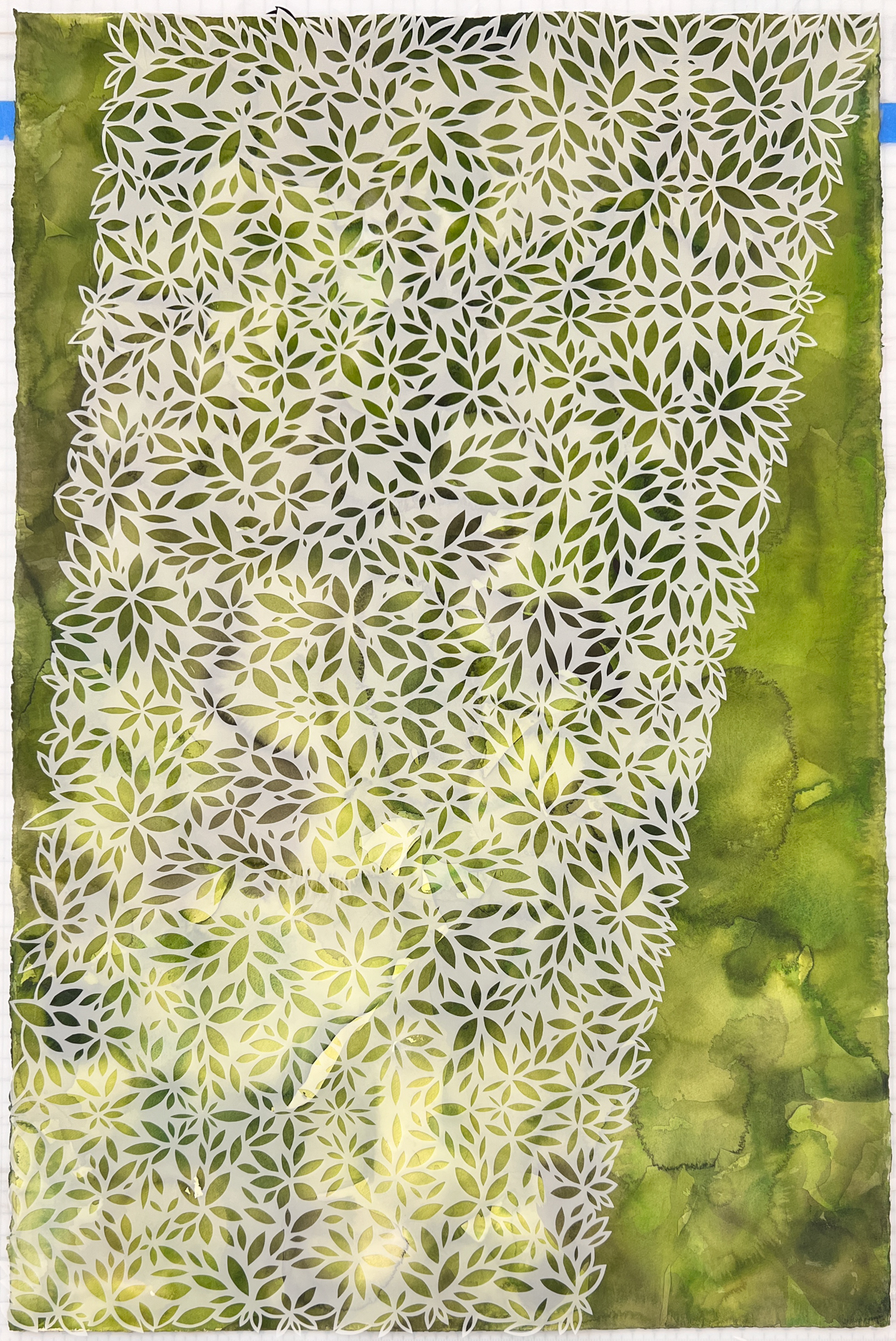 Custom Watercolor Painting with Handcut Vellum Overlay, approx 60 x 40 in, 300lb Arches WC paper, duralar vellum overlay