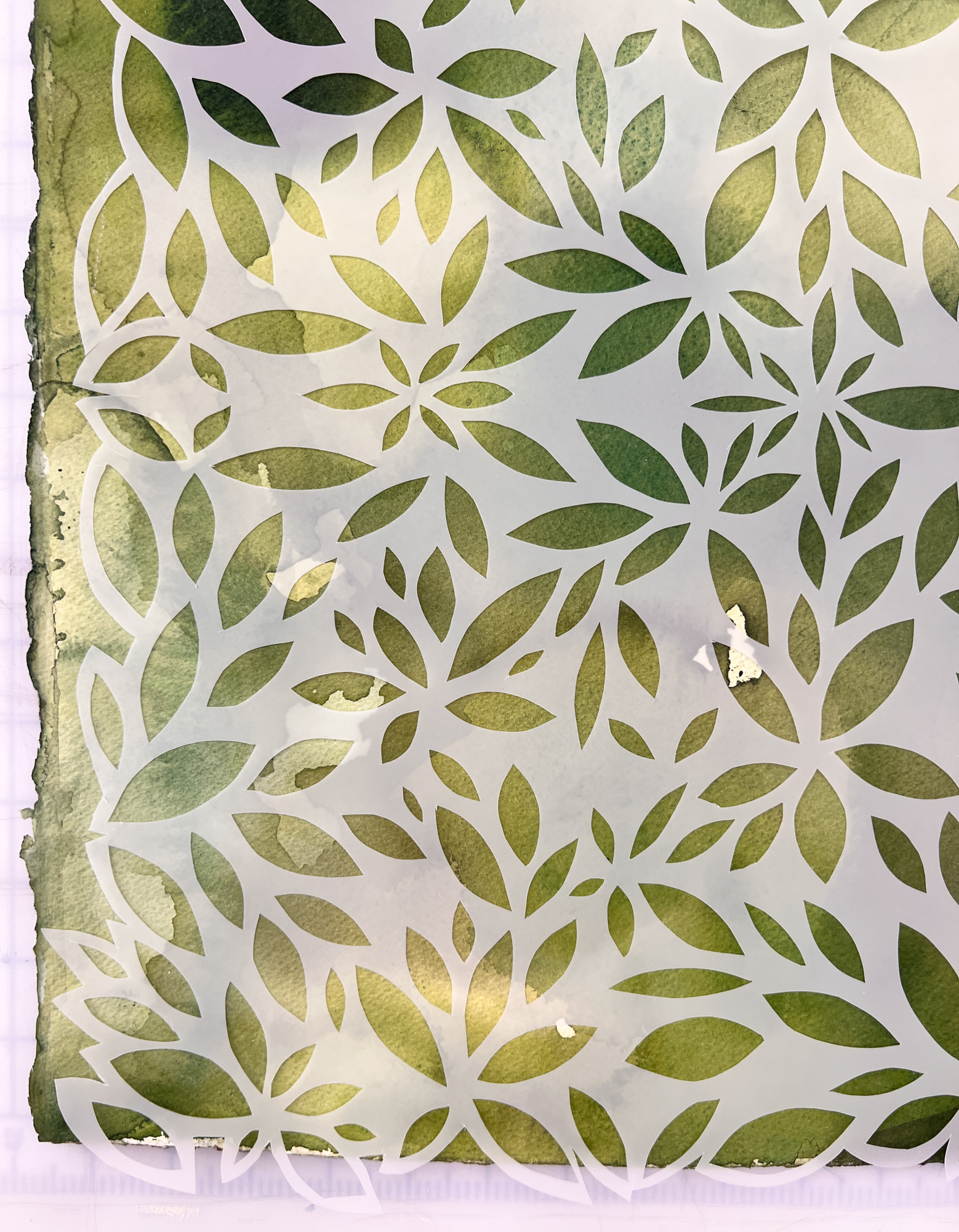 Custom Watercolor Painting with Handcut Vellum Overlay, approx 60 x 40 in, 300lb Arches WC paper, duralar vellum overlay