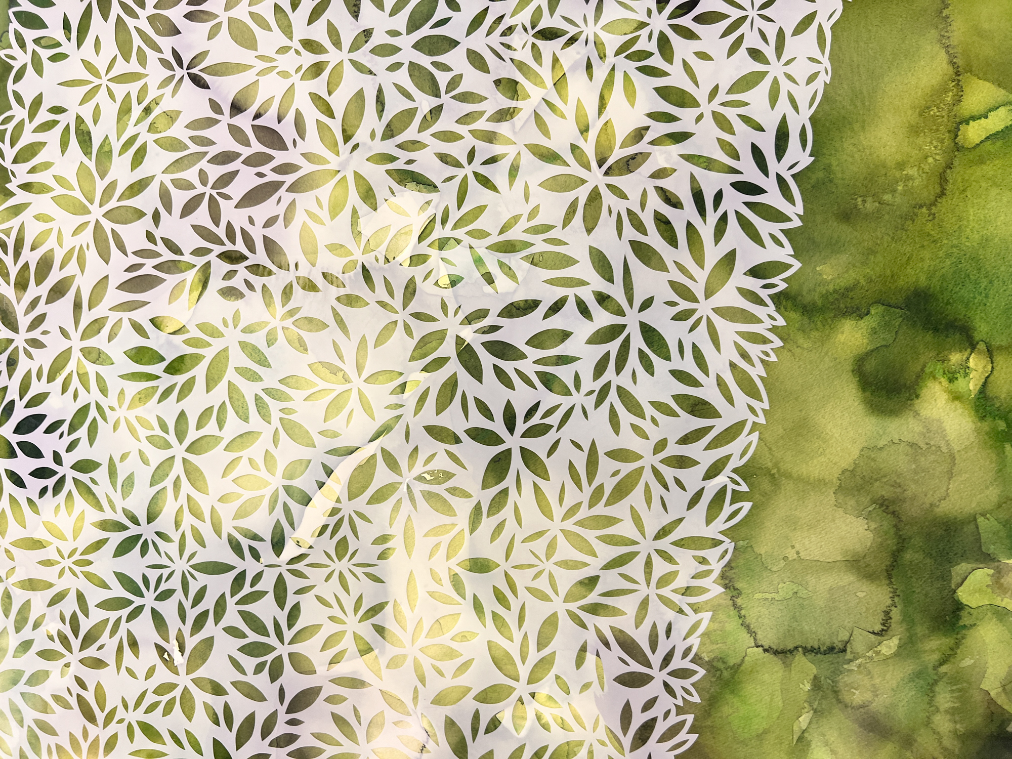 Custom Watercolor Painting with Handcut Vellum Overlay, approx 60 x 40 in, 300lb Arches WC paper, duralar vellum overlay