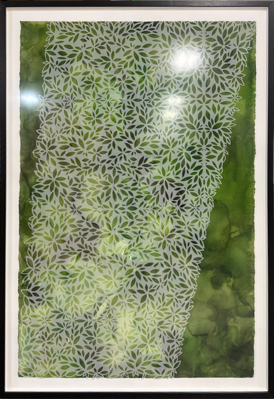 Custom Watercolor Painting with Handcut Vellum Overlay, approx 60 x 40 in, 300lb Arches WC paper, duralar vellum overlay