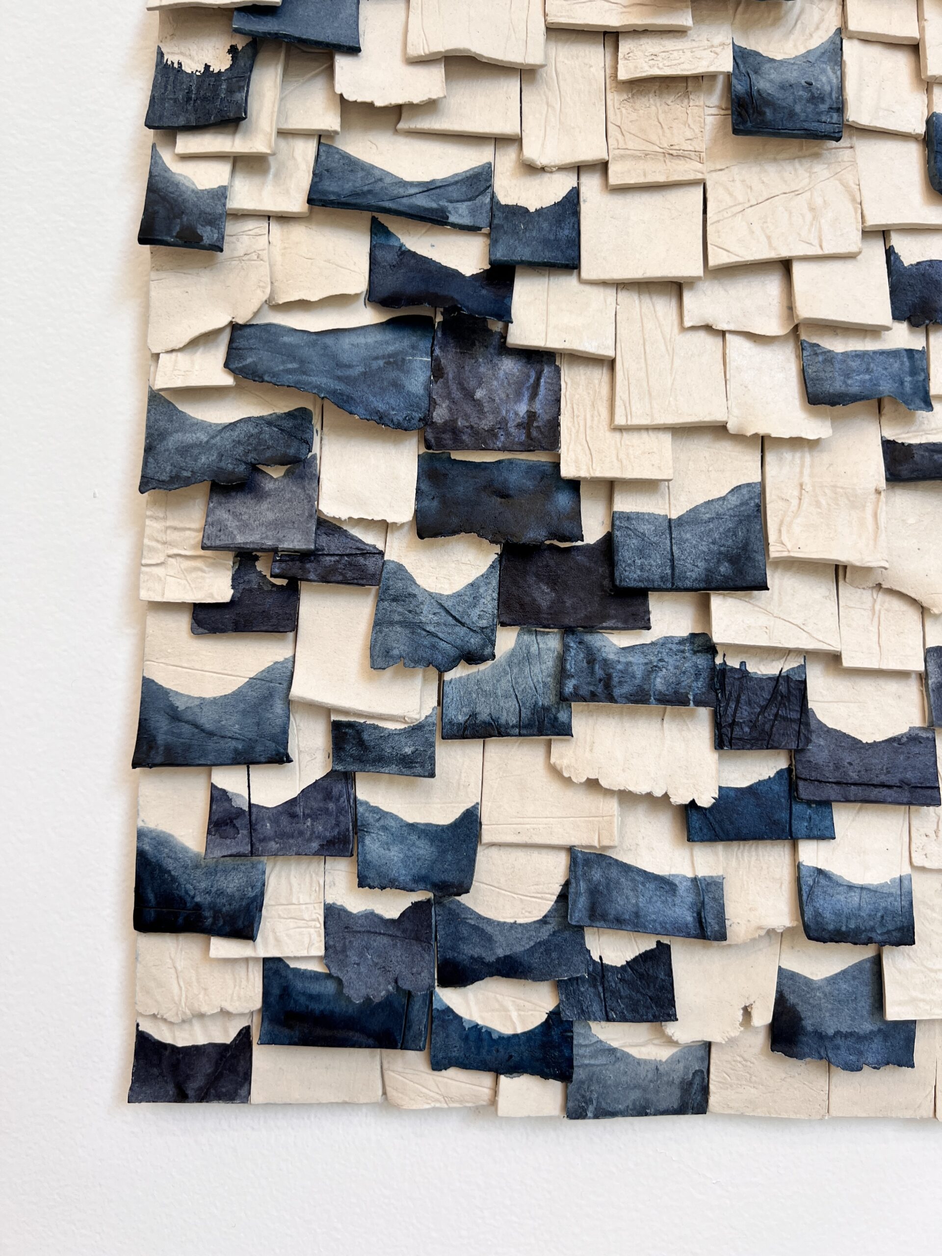 Custom dimensional artwork in Lamina style, paperclay with watercolor finish on wood backer, 40.25"h x 10.25"w by Emily Mann, Ink and Indigo