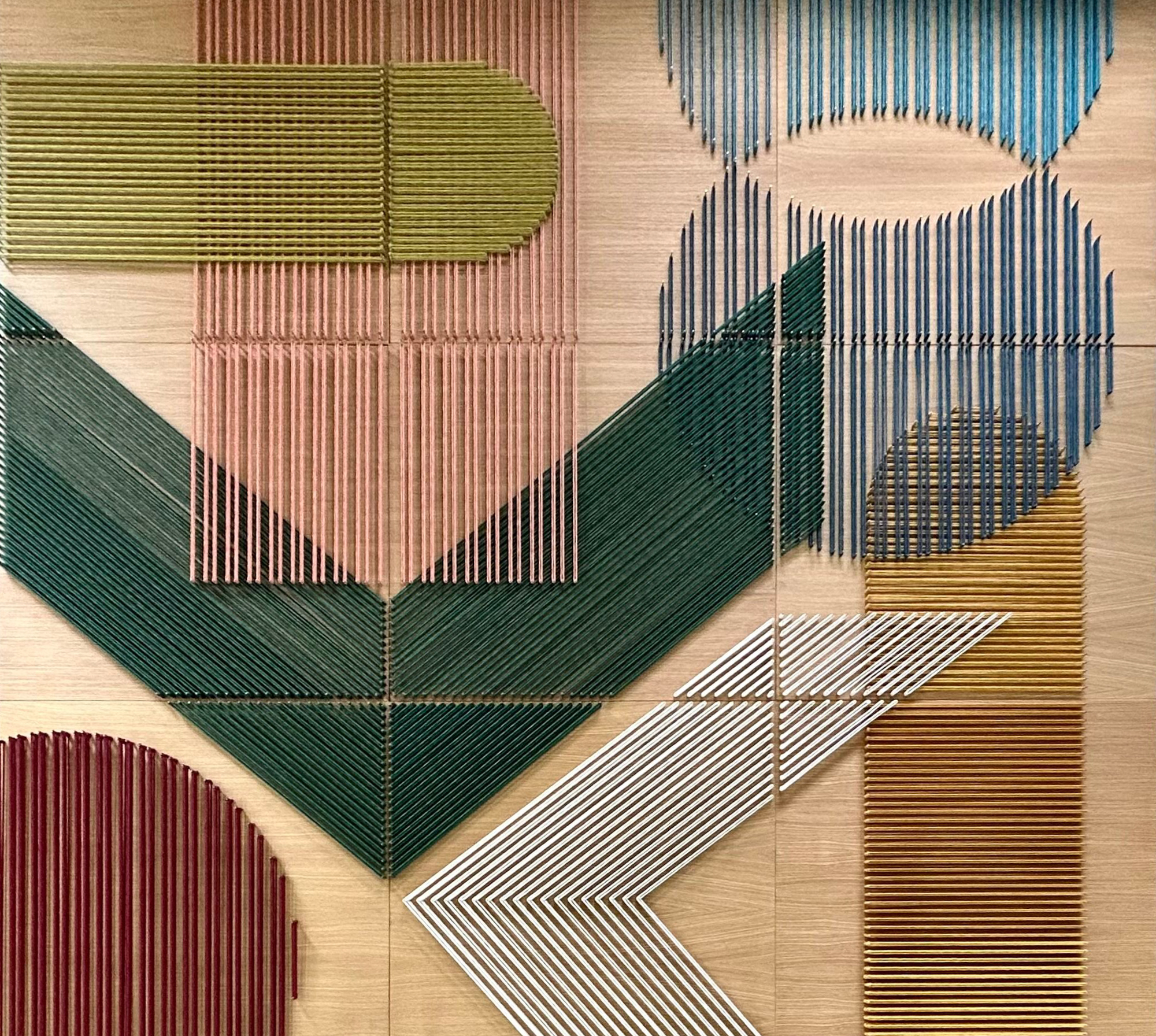 custom large scale modern mid century geometric string art installation for Optimist Charlotte, multi family interior design by Emily Mann of Ink + Indigo