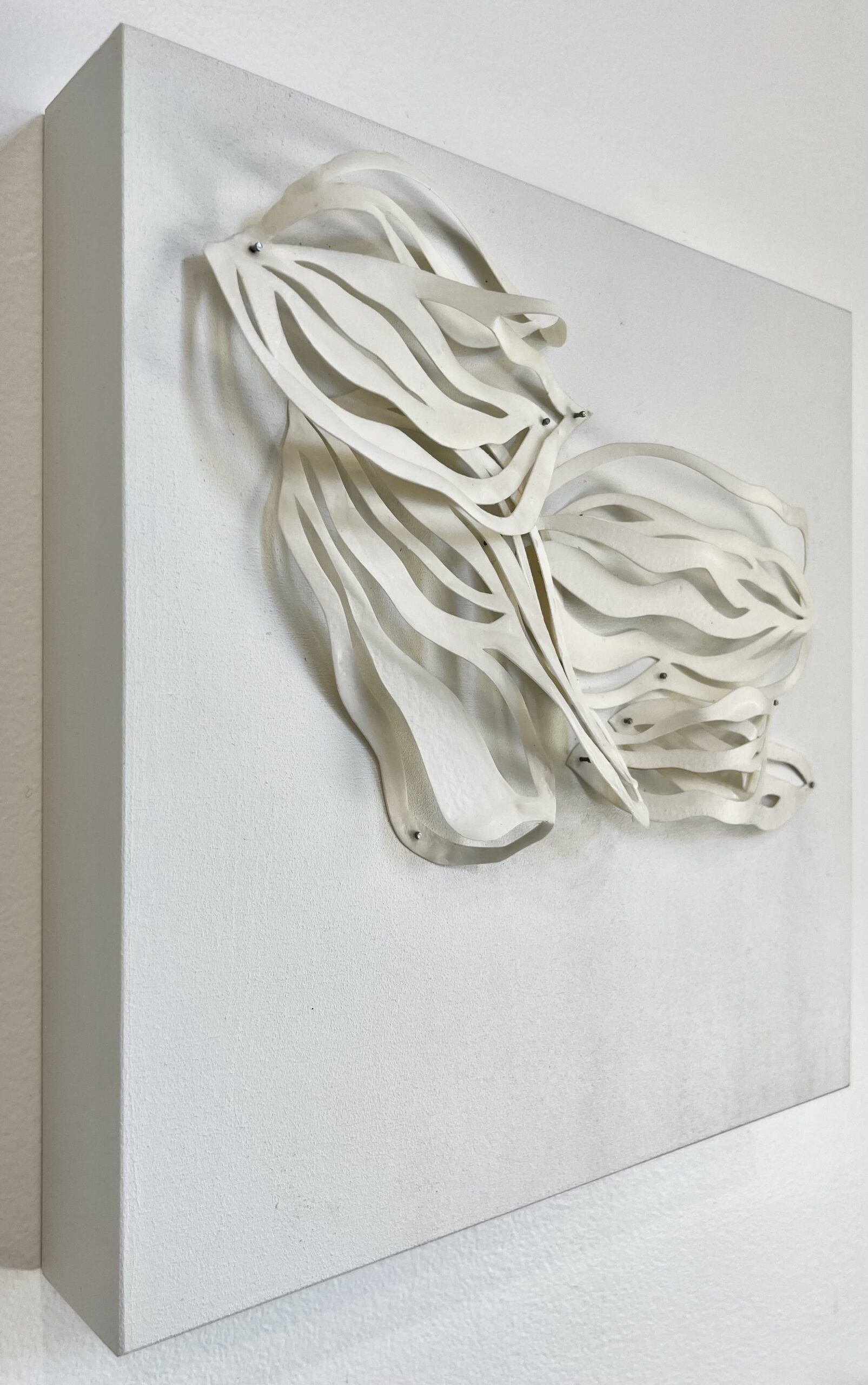 custom dimensional wall art by Emily Mann, Ink and Indigo, Sculpted paper, watercolor paper, encaustic wax and pin nails on painted panel