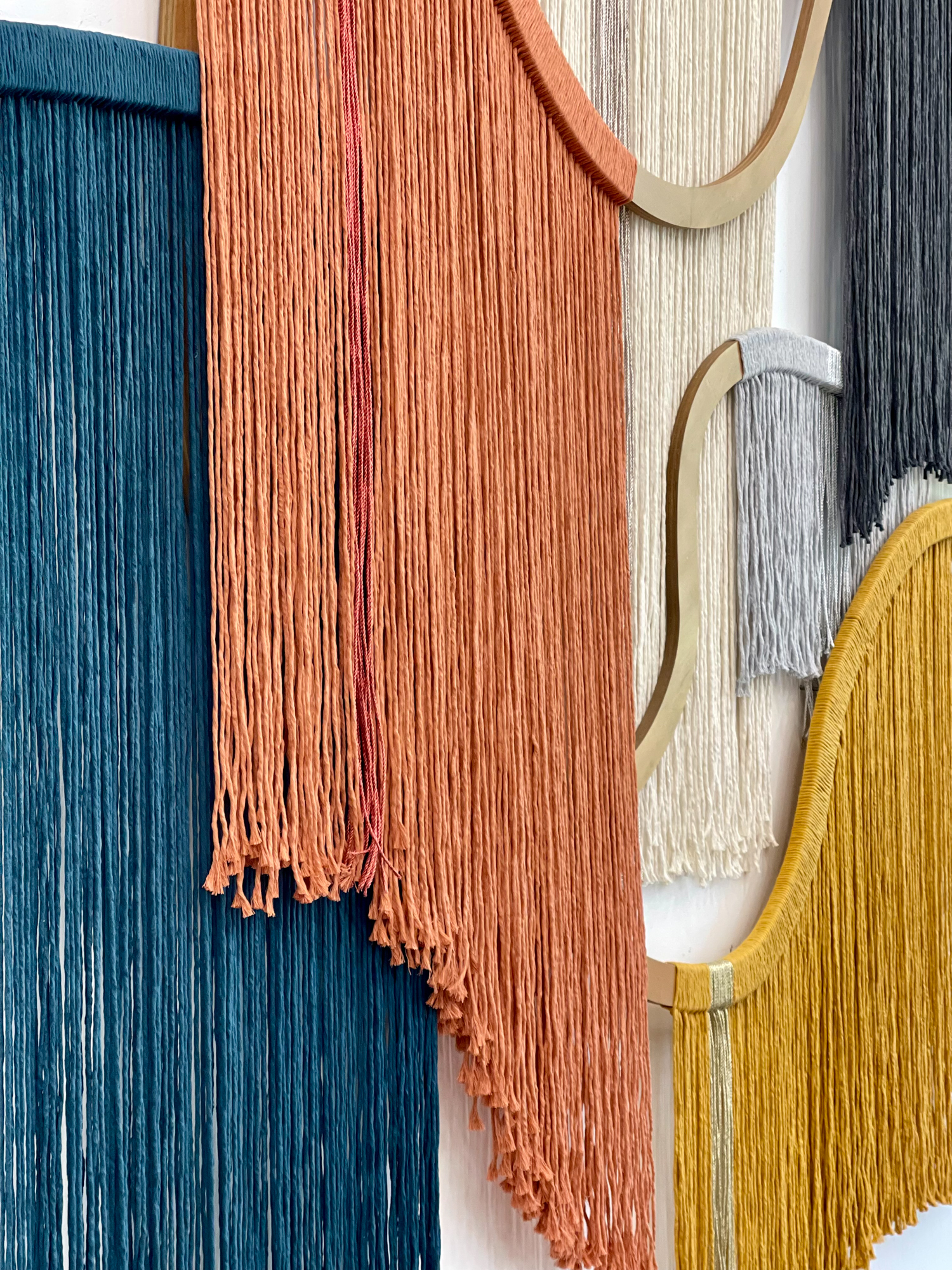 Emily Mann, Ink and Indigo, Custom Sculptural String Art Series 1, custom wall sculptures, plywood, cotton and metallic cording, mixed media, approximately 8’x8’ overall