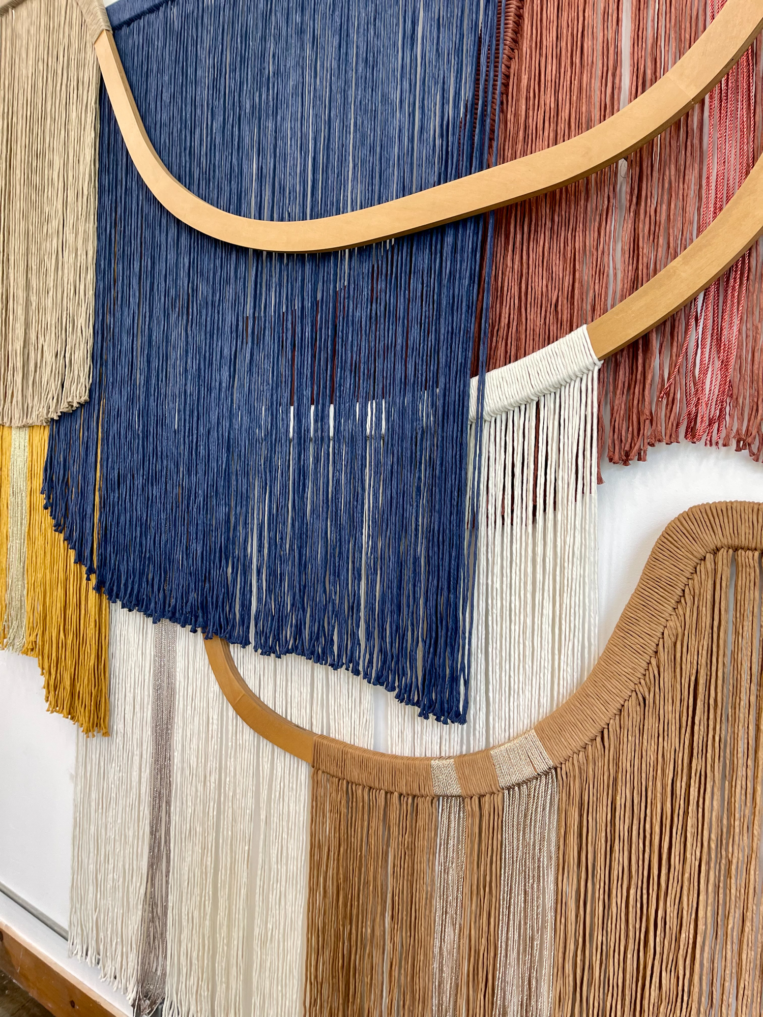Emily Mann, Ink and Indigo, Custom Sculptural String Art Series 1, custom wall sculptures, plywood, cotton and metallic cording, mixed media, approximately 8’x8’ overall